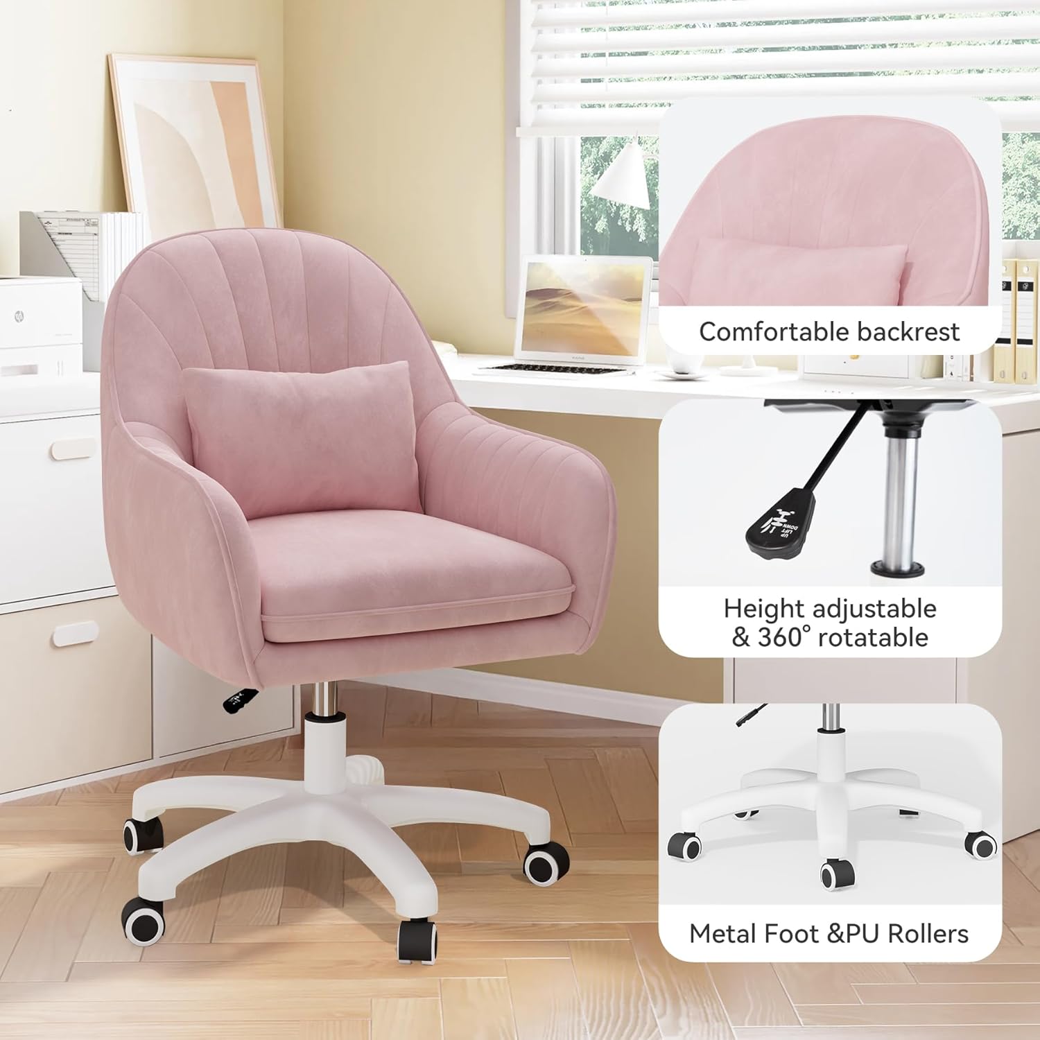 Home-Office-Stuhl, Samtstuhl mit Kissen, 360° drehbar, höhenverstellbarer Bürostuhl, ergonomisch, Schminkstuhl, Drehstuhl, für Arbeitszimmer, Schlafzimmer, maximale Belastung 120 kg, Rosa – Bild 6