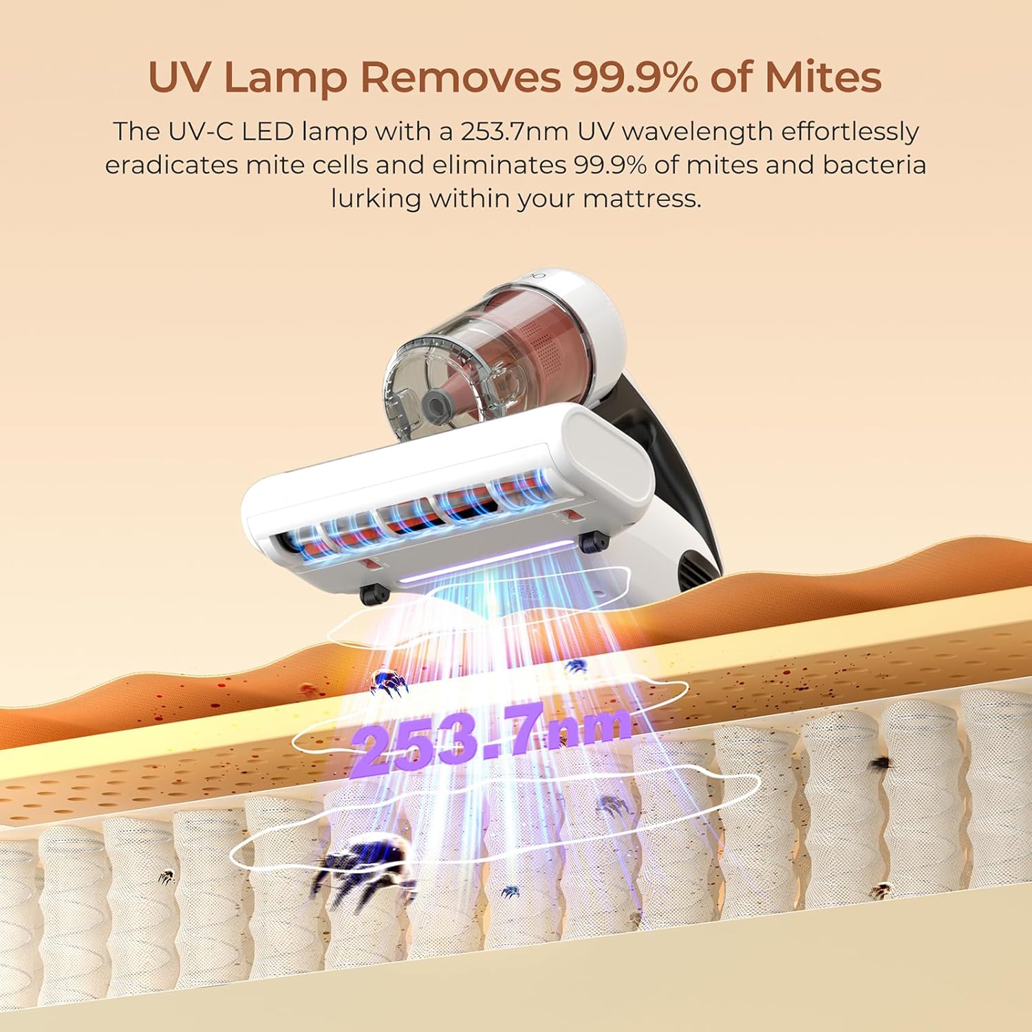 JIGOO J200 Milbensauger für Matratzen mit LED-Anzeige, 500W Milbenstaubsauger mit UV-Licht und Hausstaubmilbensensor, Ultraschall für Allergiker, Entfernt 99,9% Allergene aus Betten, Sofas, Tierhaaren – Bild 4