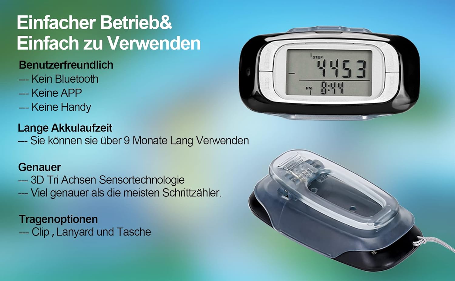 LEBEXY Schrittzähler-Clip, einfacher Schrittzähler, Fitness-Tracker, Bedienung, Testsieger, Schritt/Distanz/Kalorien/Zähler, ohne Bluetooth/App/Handy mit großem Display – Bild 2