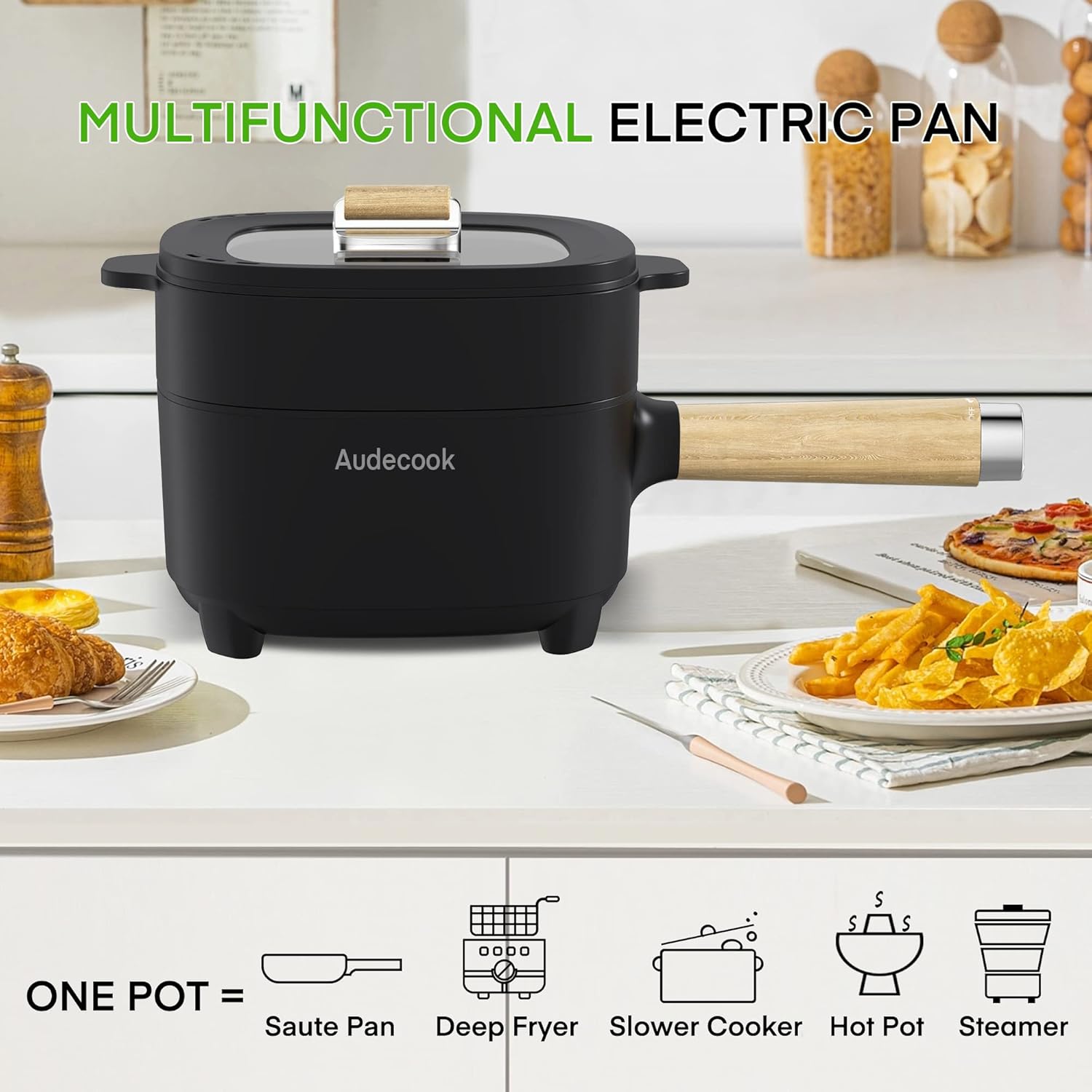 Audecook Elektrischer Hot Pot mit Dampfgarer, 2 l/20 cm, antihaftbeschichtete elektrische Pfanne mit Keramikglasur, tragbarer Multikocher für Ramen, Steak, Ei, Haferflocken, Suppe, 350 W/800 W (schwarz) – Bild 3