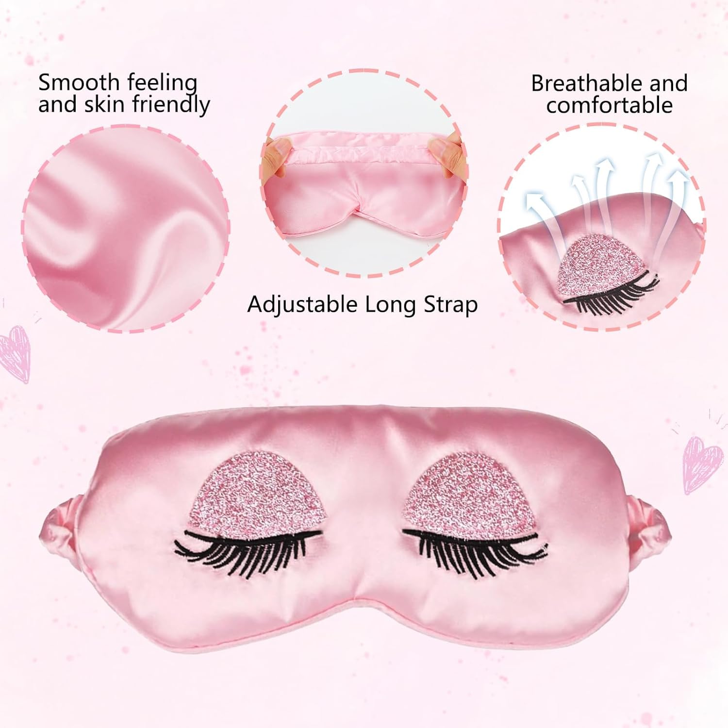 Seiden-Schlafmaske, weiche Satin-Schlafmasken, Augenmaske, verstellbare Seide, atmungsaktive Reise-Augenbinde, hautfreundlich, ultraweiche Verdunkelungs-Schlafmaske für Mädchen, Frauen, Damen, Pink – Bild 3