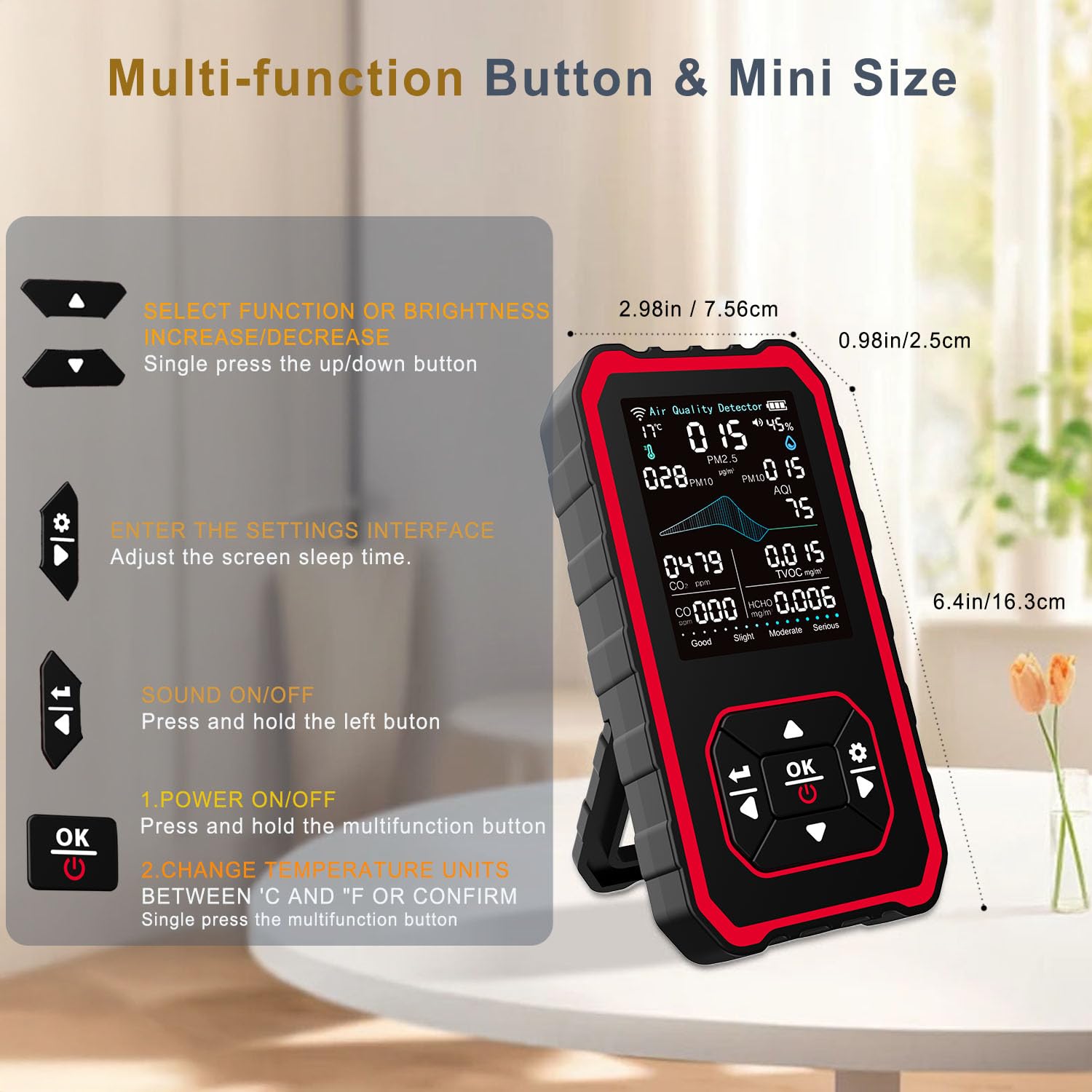 10-in-1-Raumluftqualitätsdetektor, PM-Detektor, CO2-Monitor, mit Temperatur und Luftfeuchtigkeit zum Testen von PM2,5/PM10/HCHO/TVOC/AQI, USB-Aufladung für Heimbüros oder Schulen – Bild 5