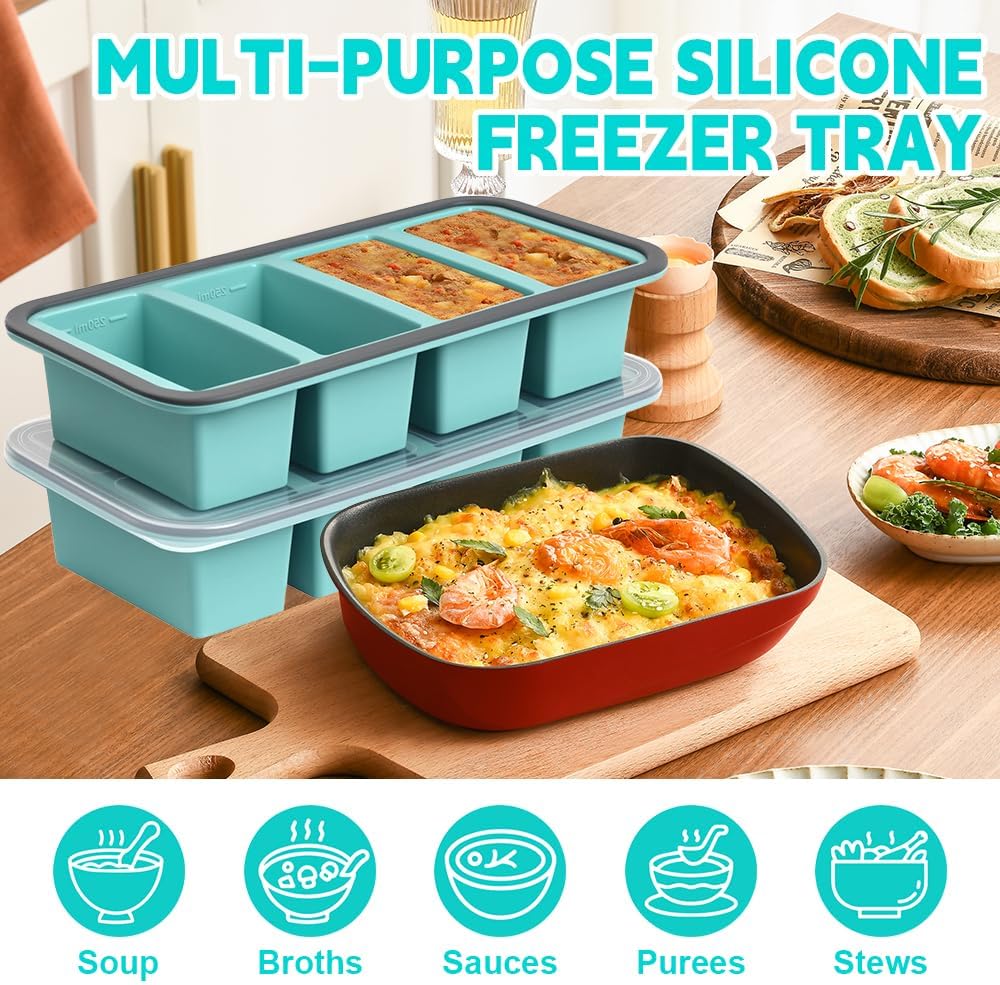 2 Stück Suppen-Gefrierbehälter, Silikon-Gefrierform Suppe mit Deckel, 4 Gitter, 250 ml Silikon-Gefriertablett, BPA-frei, stapelbarer Gefrierbehälter für Suppe, Brühe, Soße, Eiswürfel (4 Gitter) – Bild 7