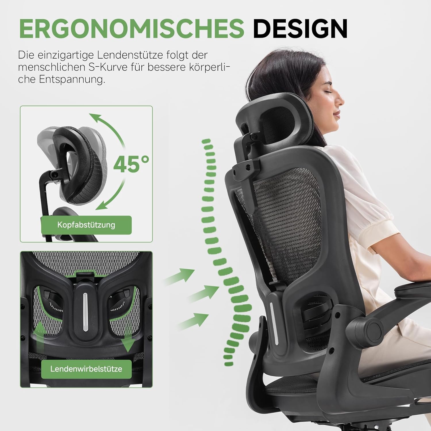 GTPLAYER Ergonomischer Bürostuhl mit verstellbarer Kopfstütze, Armlehnen, Lordosenstütze, Bürostuhl & Gaming-Stuhl, Wippfunktion, Mesh-Chefsessel, 150 kg (Schwarz) – Bild 7