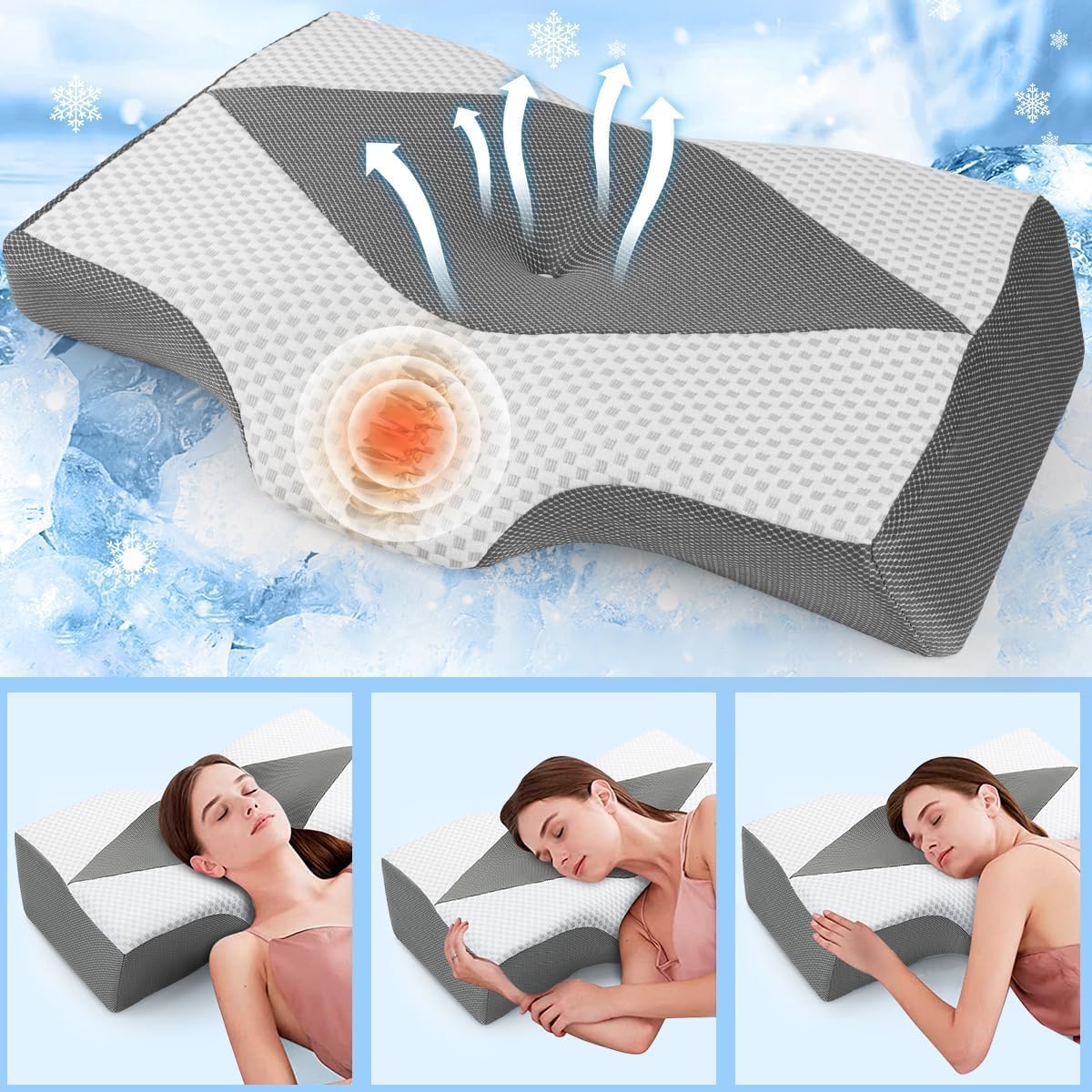 Nackenstützkissen gegen Nackenschmerzen, orthopädisches Kissen, ergonomisches Memory-Schaum-Nackenkissen mit 2 Höhen, Hohlraum und Kühlbezug, für Seiten- und Rückenschläfer – Grau – Bild 7