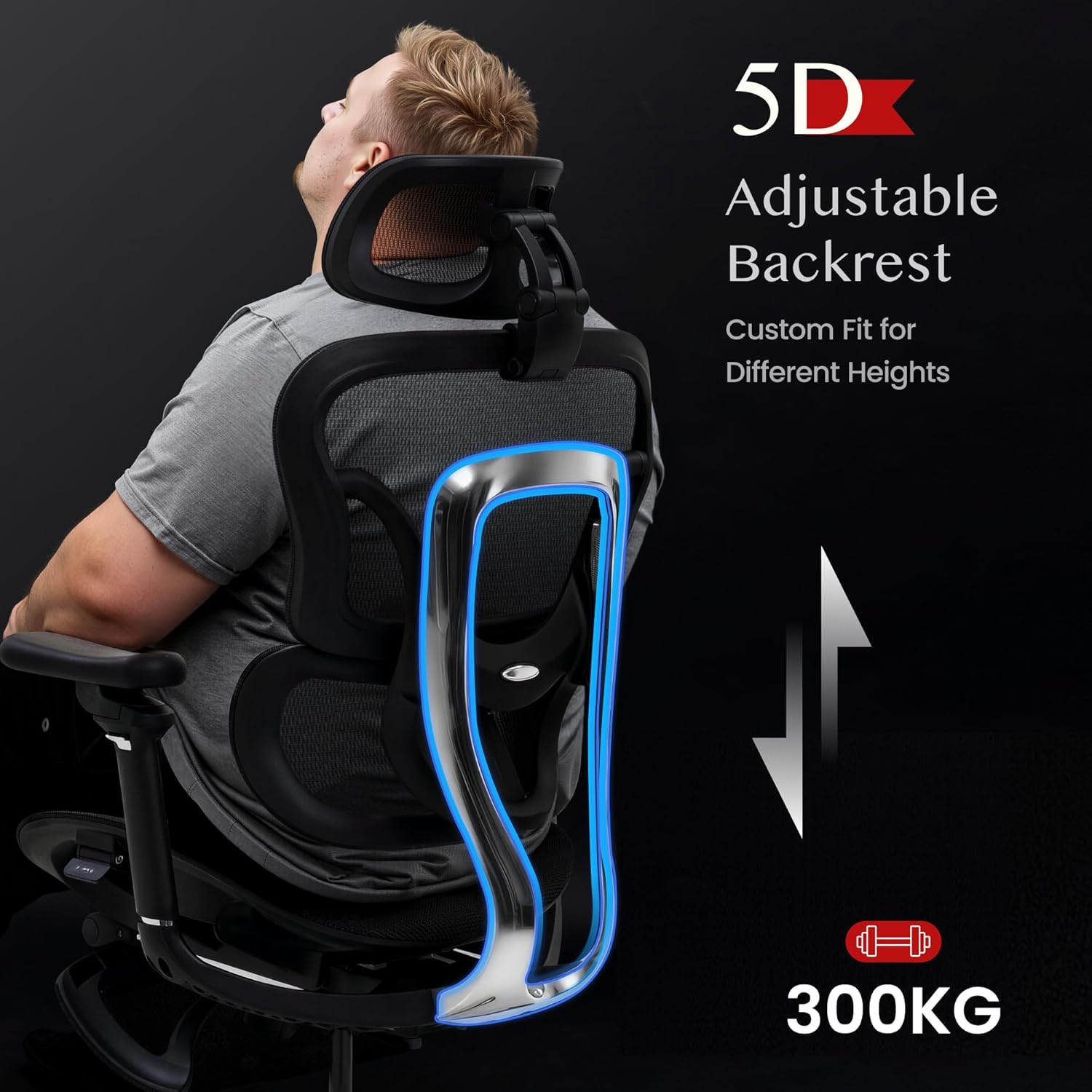 FLEXISPOT ErgoX Max Ergonomischer Stuhl, mit Fußstütze, belastbar bis 300 kg, mit 4D-Kopfstütze und 5D-Armlehnen, einteiliger Rückenlehne und Lordosenstütze, Bürostuhl für Arbeit und Gaming, Schwarz – Bild 5