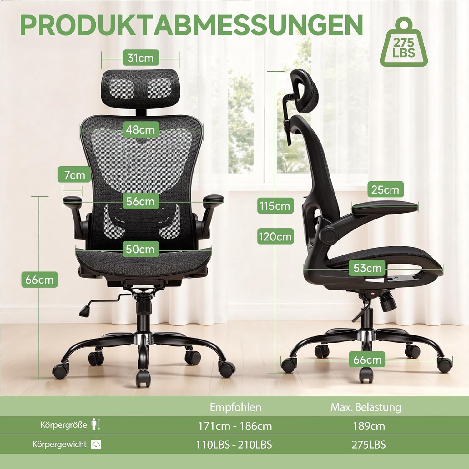 GTPLAYER Ergonomischer Bürostuhl mit verstellbarer Kopfstütze, Armlehnen, Lordosenstütze, Bürostuhl & Gaming-Stuhl, Wippfunktion, Mesh-Chefsessel, 150 kg (Schwarz) – Bild 8