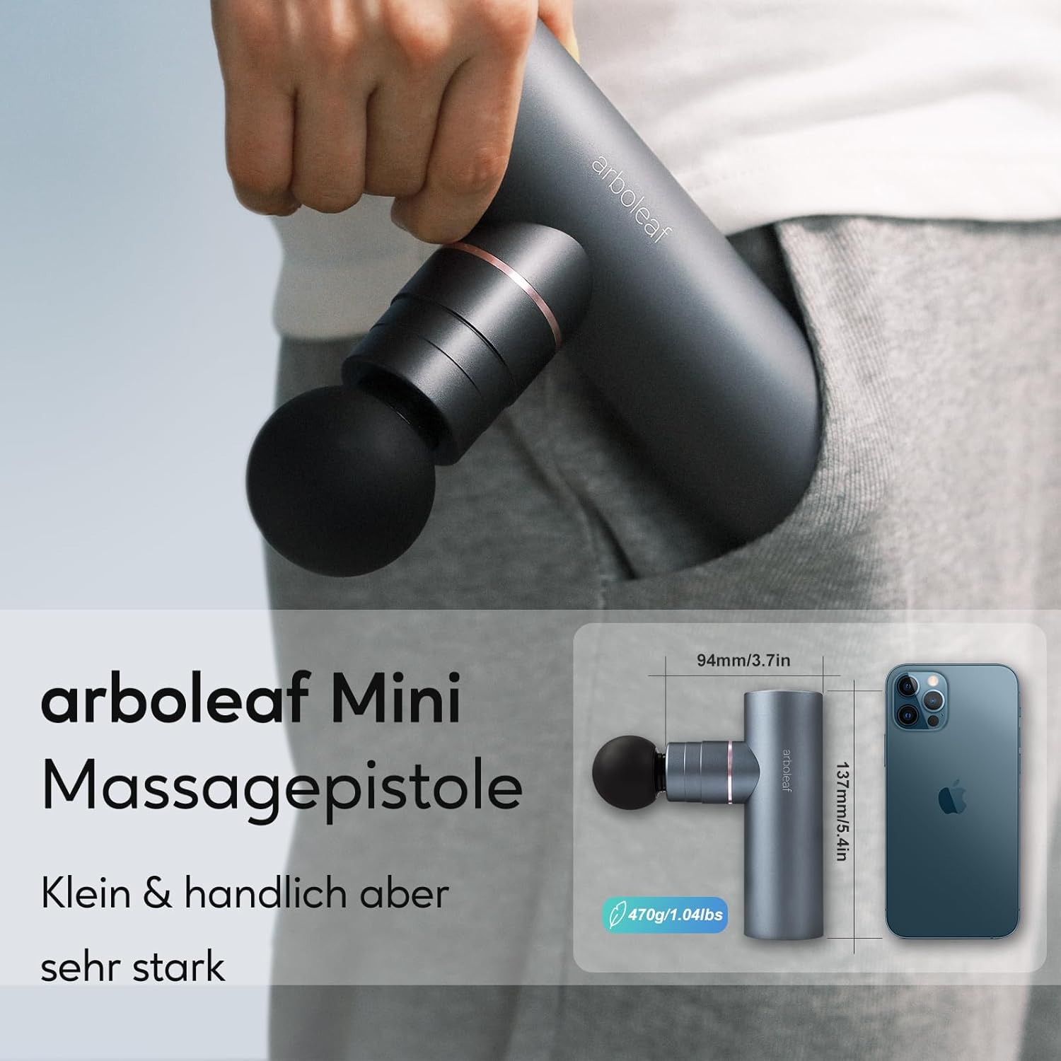 arboleaf Massagepistole, Mini-Massagepistole, 3200 U/min, 0,47 kg, Massagepistole mit AI-Stufen, 4 Aufsätze, leichte Muskelpistole mit Transportkoffer, Muskelpistole zur Muskelentspannung, starker Akku USB-C – Bild 3