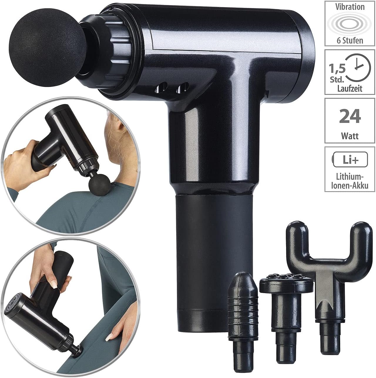 newgen Medicals Massagepistolen: Akku-Handmassagegerät mit 4 Aufsätzen & 6 Stufen, 2Ah, 24 Watt (Fitness-Massagegerät, Massagehammer, Pistole) – Bild 3