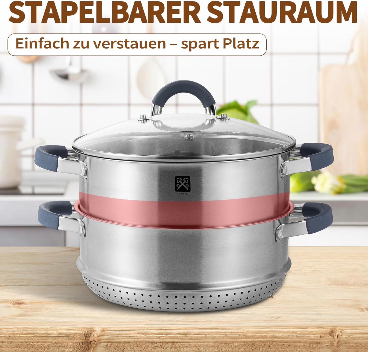 Dampfgarer mit Glasdeckel 24 cm, Edelstahl 5,3 l Dampftopf inklusive Dampfkorb, Induktionsdämpfer, Kartoffeldämpfer, Couscous-Topf, geeignet für Gemüse, Suppen, Knödel, Backofen und Spülmaschine – Bild 9