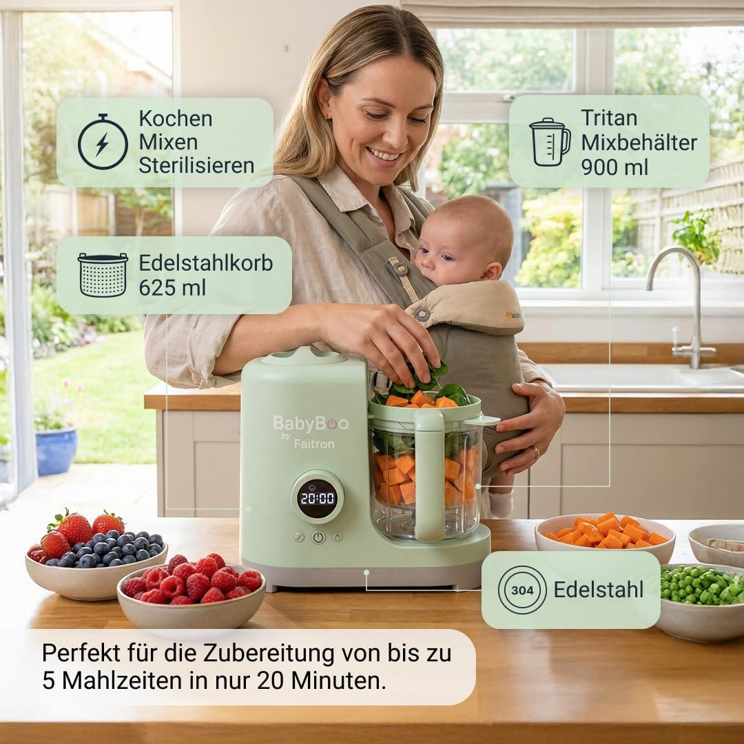 BabyBoo Babynahrungszubereiter 7-in-1, Dampfgarer & Mixer für Babynahrung, 300 W, Sterilisieren, Erhitzen & Auftauen, Edelstahlkorb, Tritan-Behälter, Digitalanzeige, Babynahrungszubereiter – Bild 5