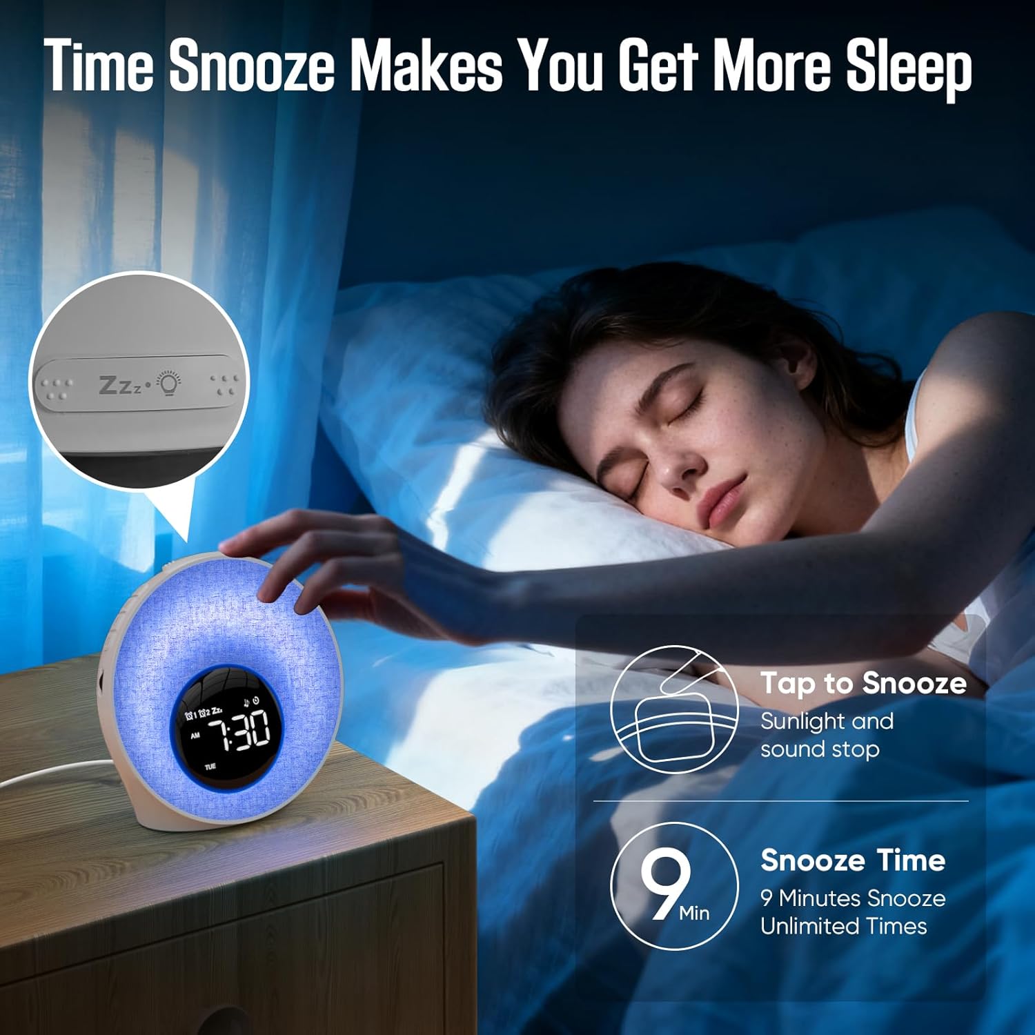 Tageslichtwecker, Lichtwecker Sonnenaufgang Wecker mit Licht, Wecker Digital mit 2 Alarme und Snooze, White Noise Machine mit 30 Schlafgeräuschen, Nachttischlampe mit 20 Helligkeit, 8 Farblicht, Timer – Bild 5
