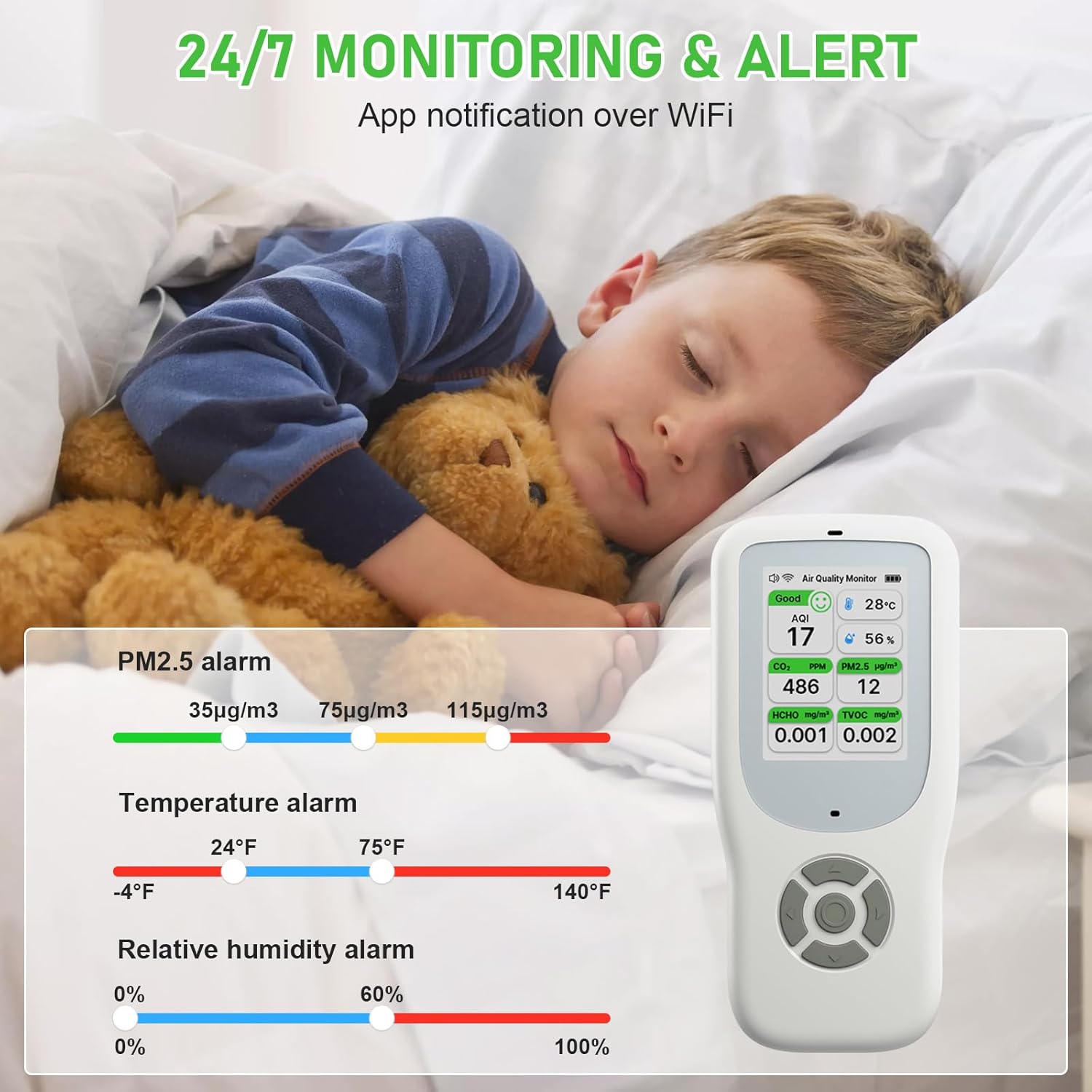10-in-1-Luftqualitätsmessgerät-Detektor, NDIR-WLAN-Luftqualitätsmonitor mit AQI/CO2/PM1,0/PM2,5/PM10/HCHO/TVOC, Temperatur und Luftfeuchtigkeit, tragbarer Formaldehyd-Detektor mit Smart App für das Home Office – Bild 3