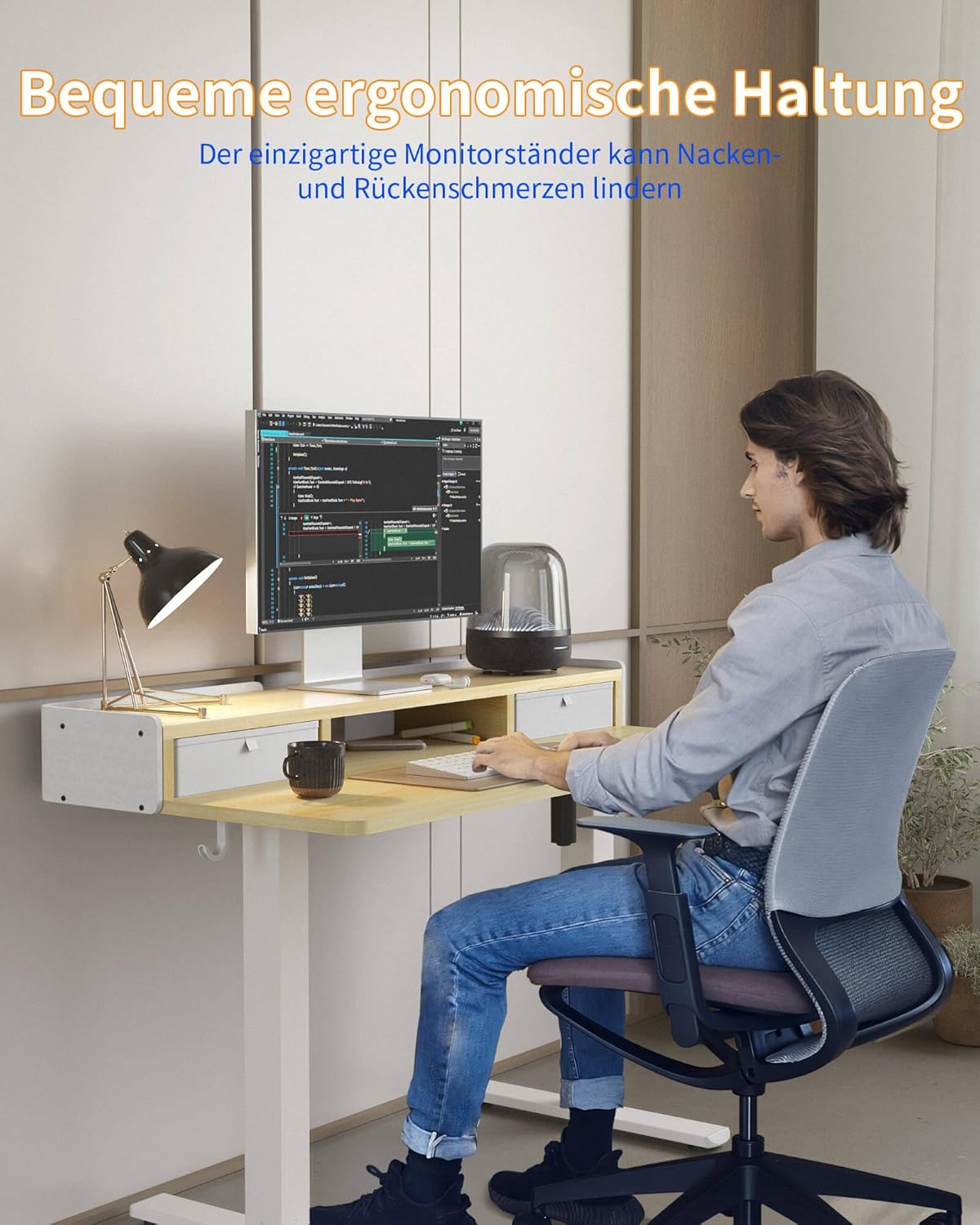 YIHAYO Höhenverstellbarer Schreibtisch mit Schubladen und Monitorständer, 140 x 60 cm, elektrischer Schreibtisch, Stehpult mit Memory-Funktion, Natur – Bild 5