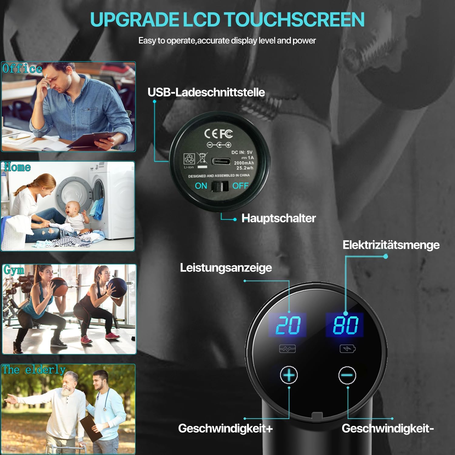 Massagepistole, Deep Tissue Percussion Rückenmassagegerät für Sportler, Muskelmassagepistole zur Schmerzlinderung, mit 8 Massageköpfen und 20 Geschwindigkeiten (Mattschwarz) – Bild 4