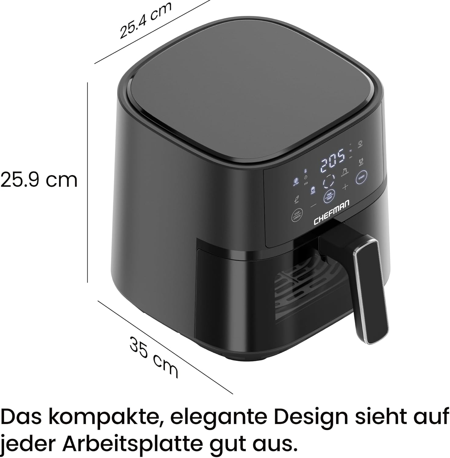 Chefman Heißluftfritteuse – 3,75 l kompakte Heißluftfritteuse für schnelle Mahlzeiten, mit Hi-Fry-Technologie, Sichtfenster, Touch-Bedienung, antihaftbeschichtet und spülmaschinenfest – Schwarz – Bild 8