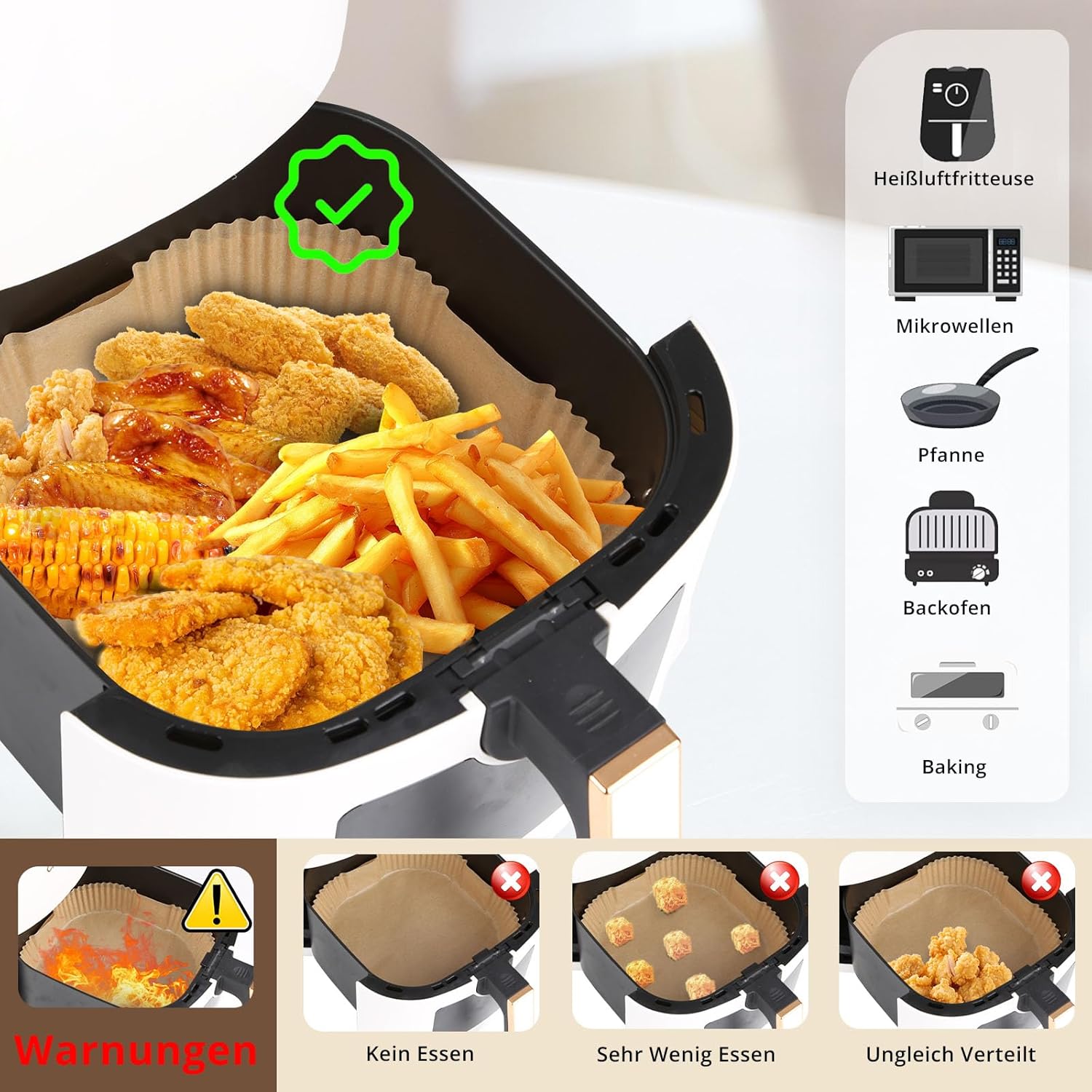 150 Stück Backpapier für Heißluftfritteuse XL XXL, 4,3 l – 7,9 l, Airfryer, Einwegpapier, 20–24 cm, Pergamentpapier-Einlage, Zubehör, kompatibel mit Philips Russell Hobbs Ninja Cosori Airfryer – Bild 6
