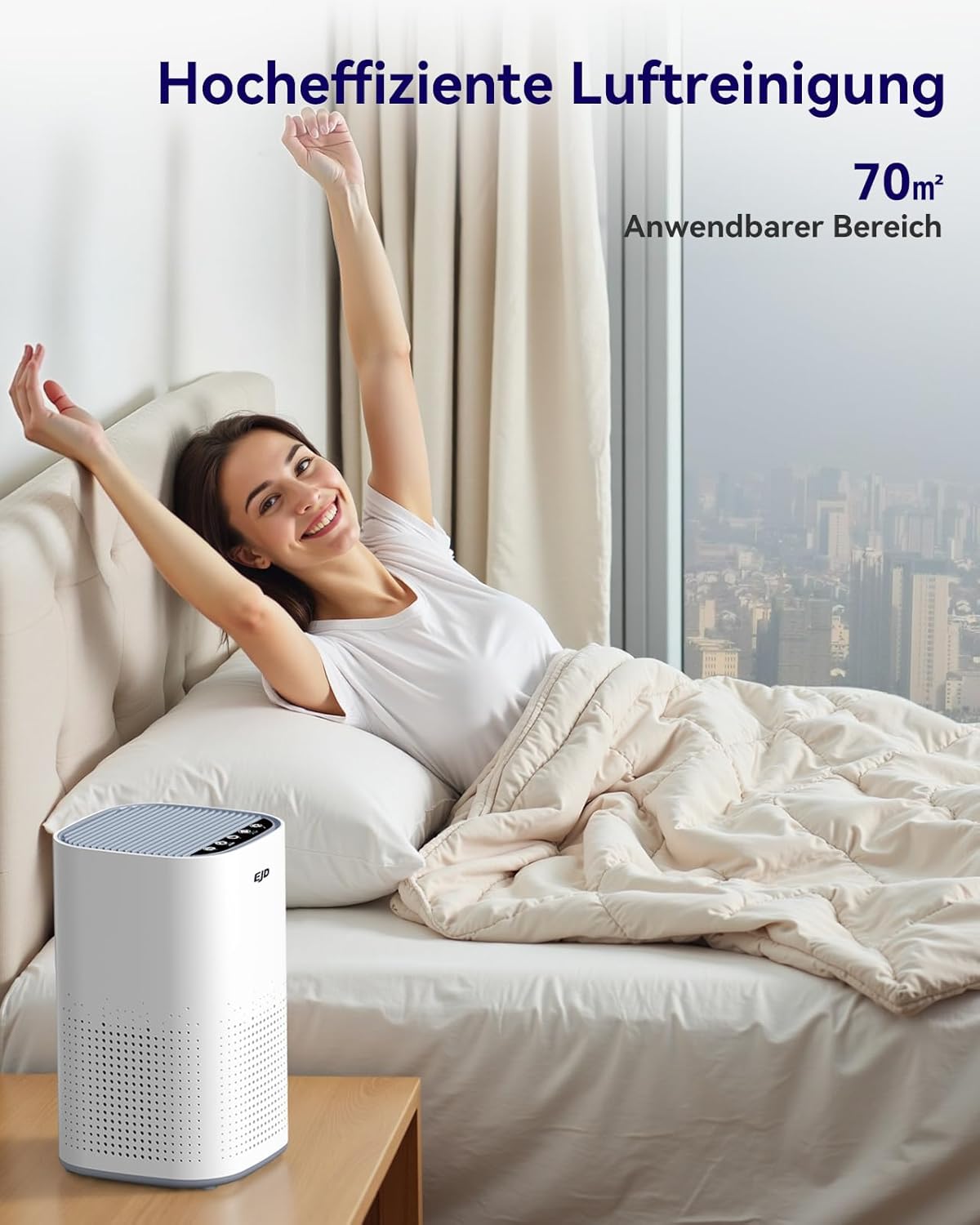 Luftreiniger für große Schlafzimmer bis 70 m² mit CADR 223 m³/h, leiser H13 HEPA-Luftreiniger mit 15 dB Schlafmodus, 3-in-1-Filter entfernt 99,97 % Pollen, Staub, Tierhaare, Gerüche (weiß) – Bild 5