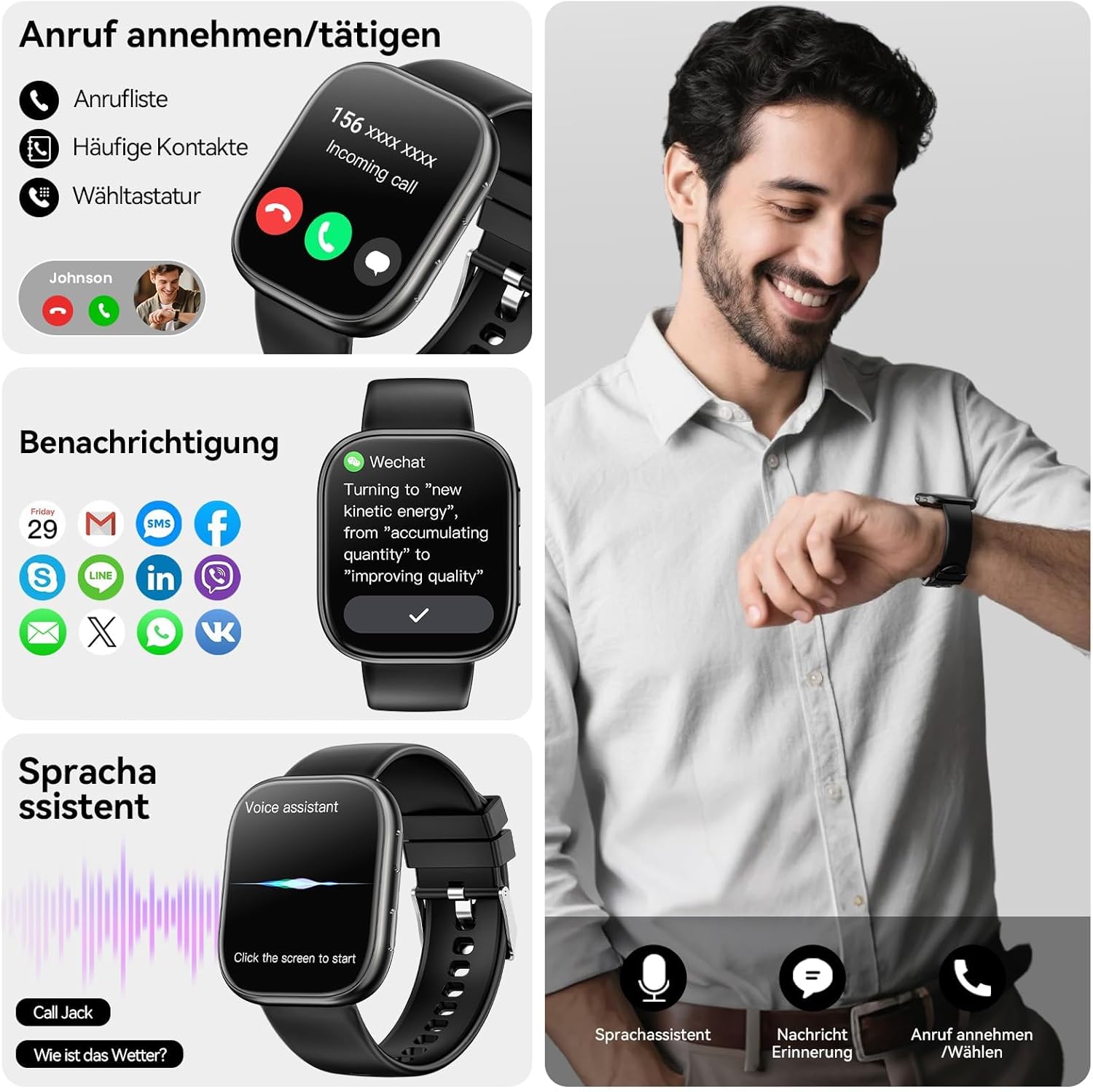 Smartwatch Damen Herren, 1.83" HD Fitnessuhr mit Telefonfunktion, Fitness Tracker mit SpO2 Pulsmesser Schlafmonitor Schrittzähler, 110+ Sportmodi Sportuhr, IP68 Wasserdicht Smart Watch für Android iOS – Bild 4