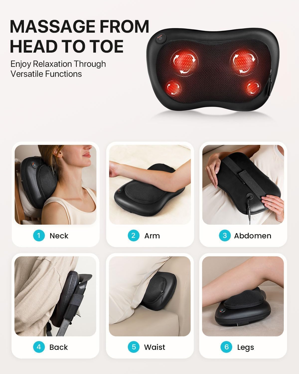 ALLJOY Massagekissen mit Wärmefunktion, Shiatsu-Massagegerät für Nacken, Schulter, Rücken, Rückenmassagegerät mit 3D-rotierenden Massageköpfen, PU-Leder, Geschenk für Männer, Frauen – Bild 4