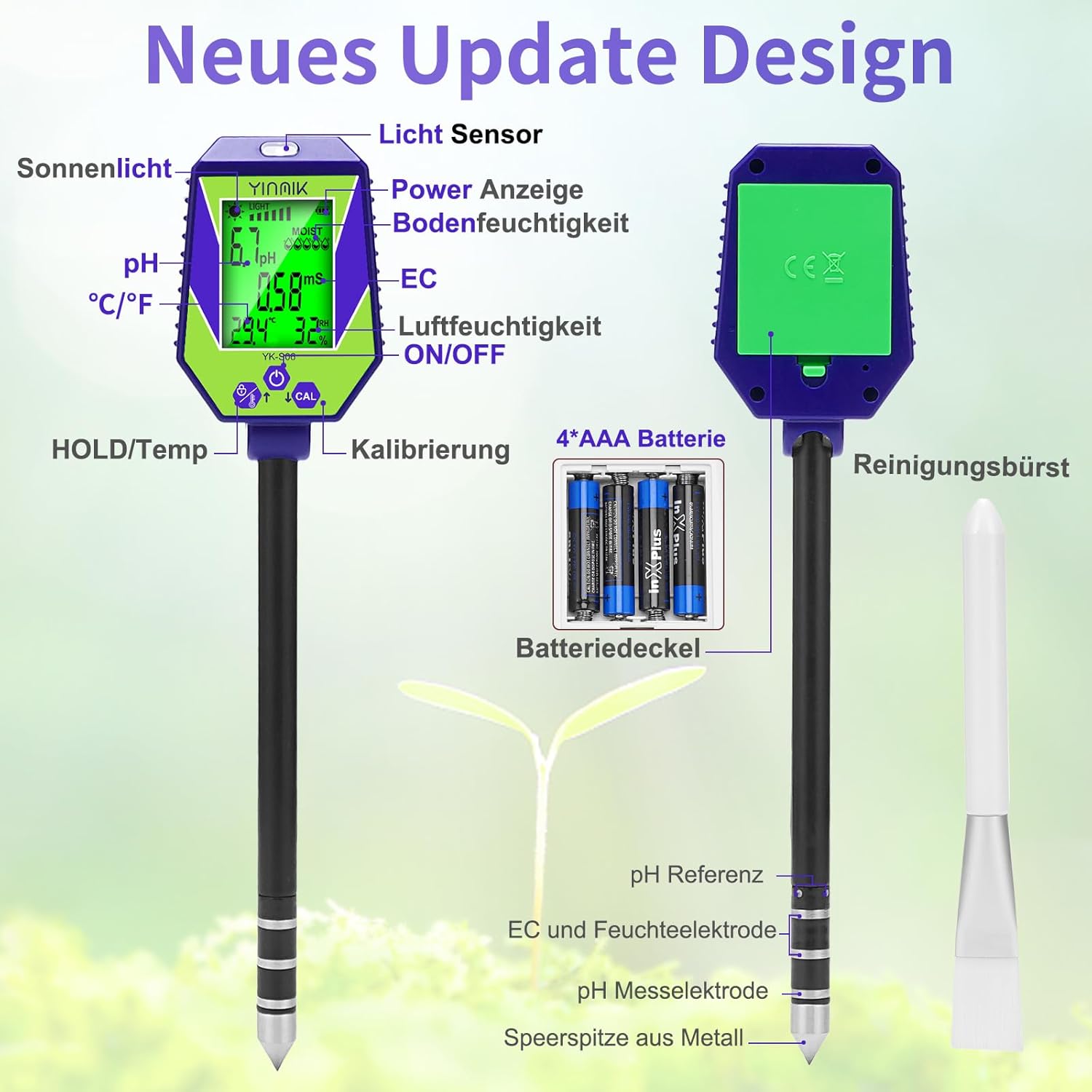pH-Leitfähigkeitsmessgerät für Boden und Wasser, Pflanzen pH-Feuchtigkeitsmessgerät, Boden-pH-EC-Messgerät, 6-in-1-Bodentestkits für pH-Feuchtigkeit, Leitfähigkeit, Licht, Luftfeuchtigkeit, Temperatur – Bild 6