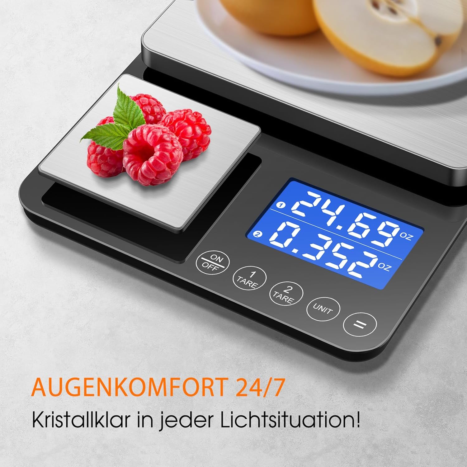 Digitale Küchenwaage mit Doppelplattform, präzise Messung von 500 g/0,01 g und 15 kg/1 g, Tara- und Summierfunktion, 7 Einheiten Lebensmittelwaage zum Kochen, Backen, für Fitness-Mahlzeiten und für den professionellen Küchengebrauch – Bild 5