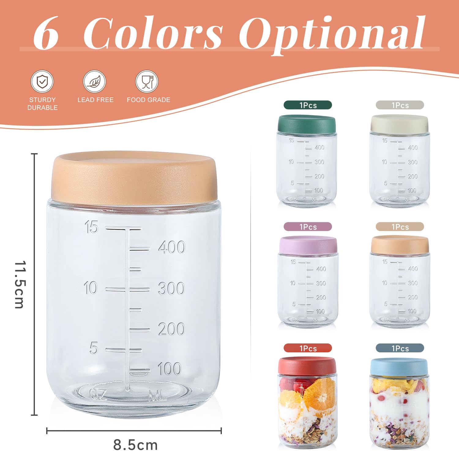 6er-Pack Overnight-Oats-Gläser, 500 ml, Meal-Prep-Behälter aus Glas mit Messskala, luftdicht & auslaufsicher, spülmaschinenfest, für Frühstücksjoghurt – Bild 2