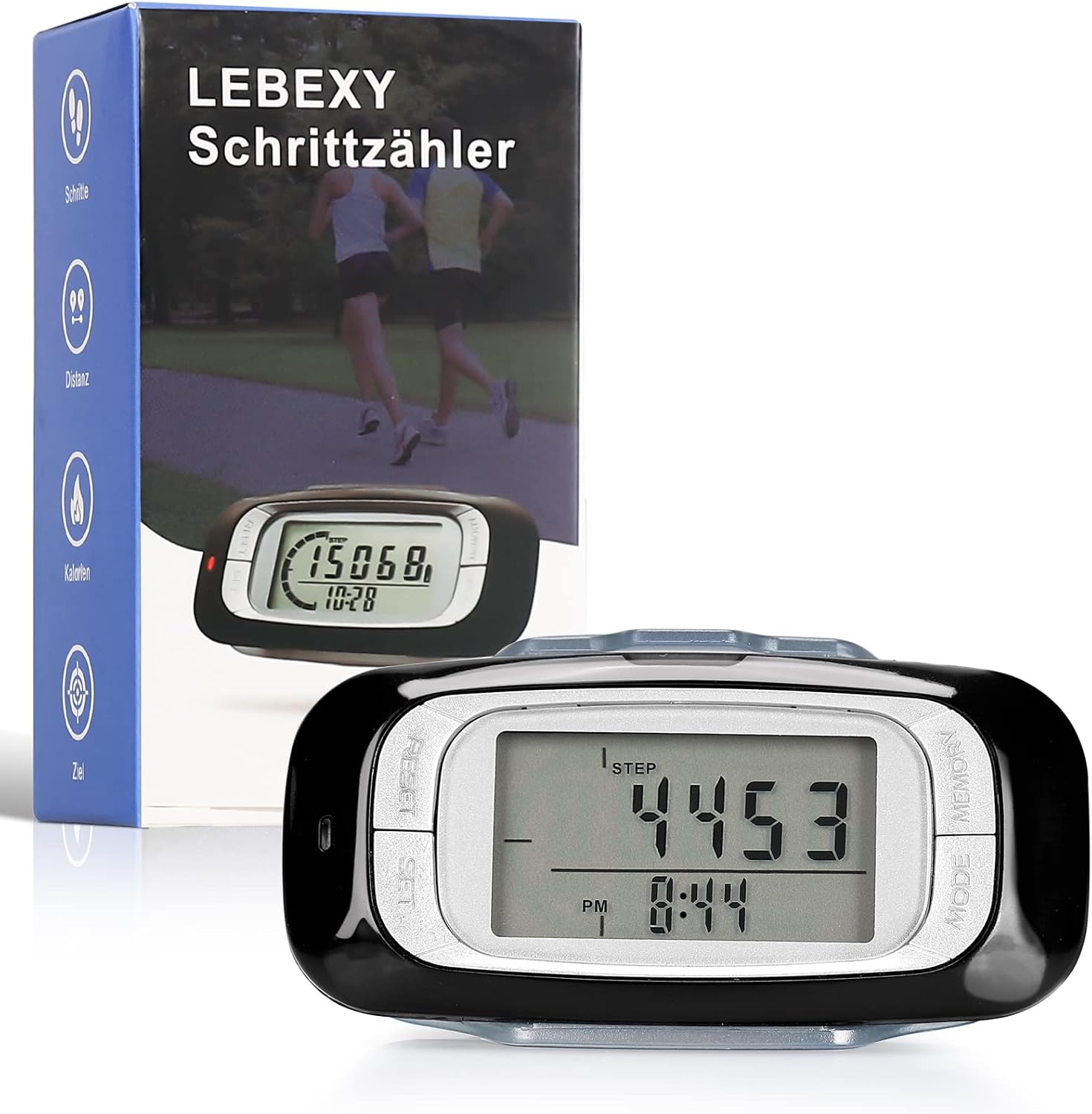 LEBEXY Schrittzähler-Clip, einfacher Schrittzähler, Fitness-Tracker, Bedienung, Testsieger, Schritt/Distanz/Kalorien/Zähler, ohne Bluetooth/App/Handy mit großem Display