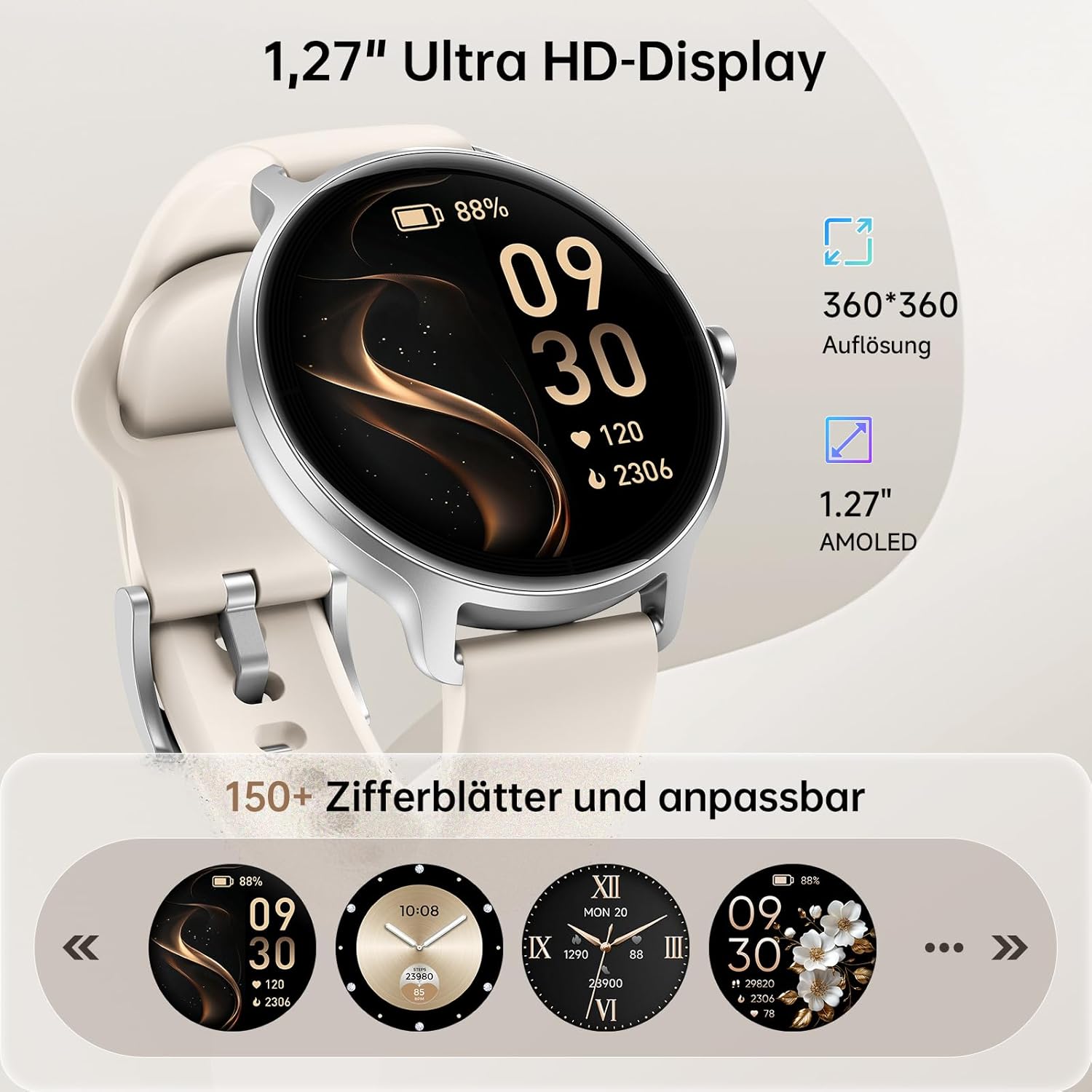 Smartwatch Damen Herren rund 1,27 Zoll AMOLED Smartwatch mit Telefonfunktion, Fitnessuhr mit Herzfrequenzmesser SpO2 Schlafmonitor Schrittzähler 120+ Sportmodi Sportuhr IP68 Wasserdicht für iOS Android Beige – Bild 5