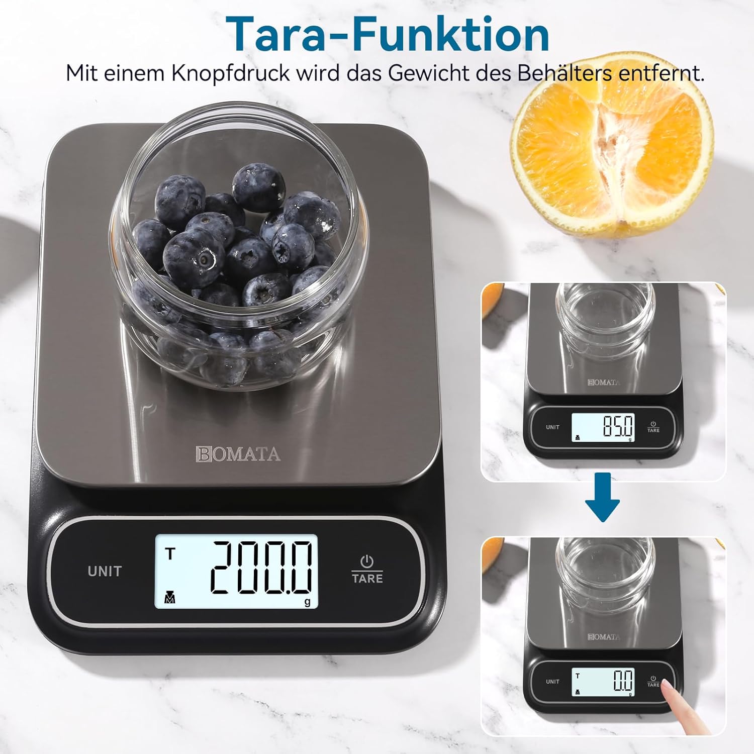 BOMATA Wasserdichte IPX6-Küchenwaage, 0,1 g hohe Präzision, 5 kg, digitale Waage mit Hintergrundbeleuchtung, Wiegeplattform aus Edelstahl, geeignet für Lebensmittel, Kochen, Backen usw. B619 Schwarz – Bild 7