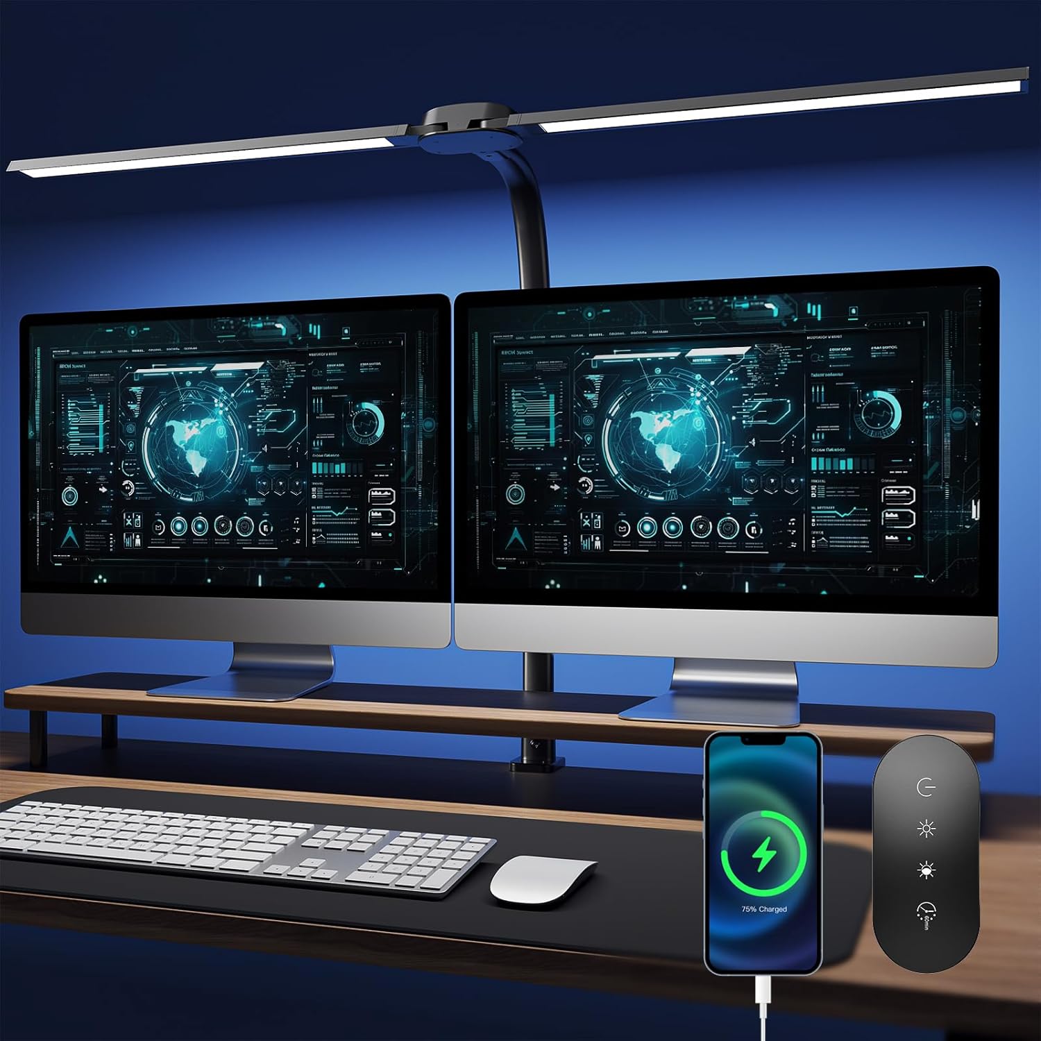 Schreibtischlampe LED Dimmbar - 1400LM 24W Doppelkopf Klemmbar Büroschreibtischlampe mit Fernbedienung, 80CM Schwanenhals Schreibtisch Lampe Tageslichtlampe mit Ladefunktion, Schwarz T01