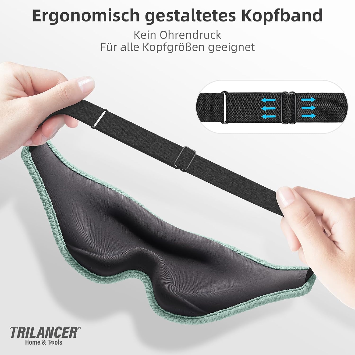 Trilancer Innovative Schlafmaske für Männer und Frauen, 99,99 % Licht, 3D-Blockierung, ergonomische Augenmaske für Seitenschläfer, Nickerchen, Meditation, Reisen und Schlafzimmer, mit Ohrstöpseln (Seegrün) – Bild 5