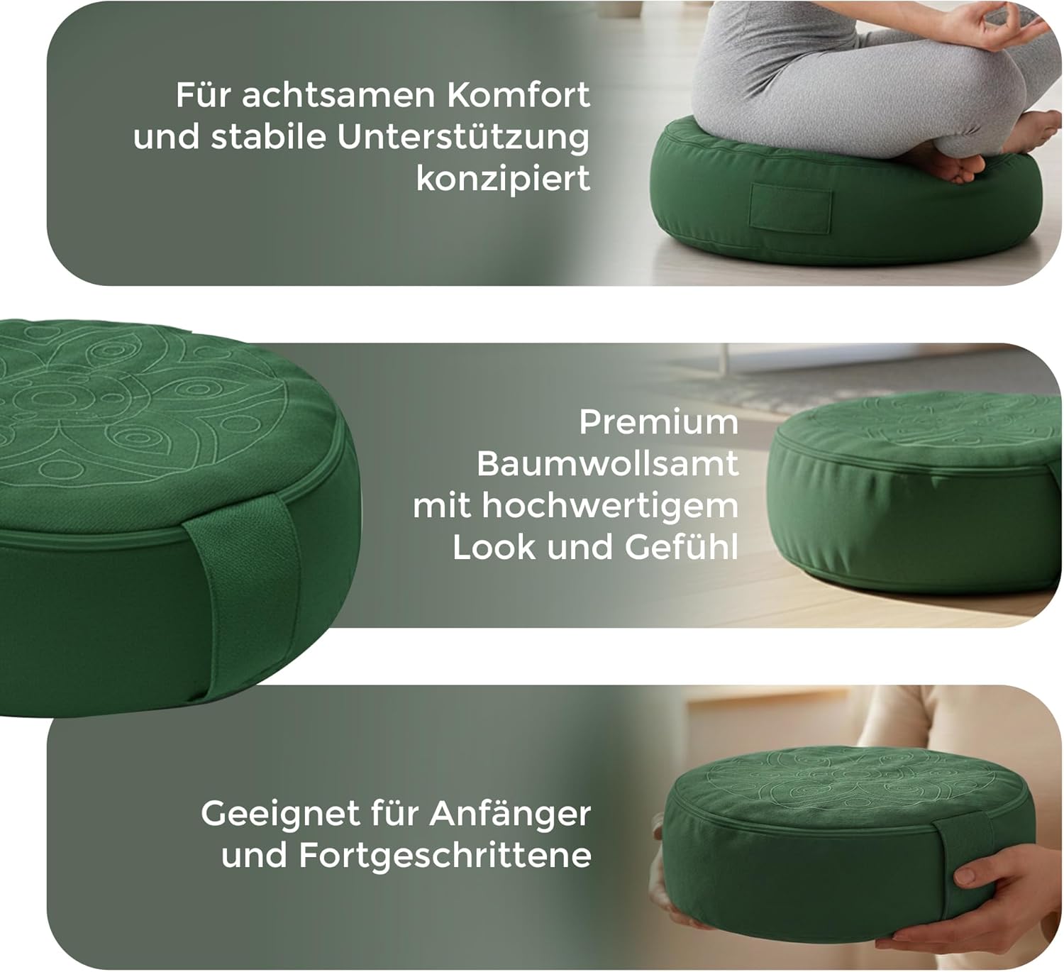 Omok Ergonomisches Yogakissen für Meditation & Entspannung, abnehmbares & waschbares rundes Sitzkissen mit Buchweizenfüllung, nachhaltiges Boden- & Sitzkissen (Dunkelgrün, 35 x 13 cm) – Bild 4