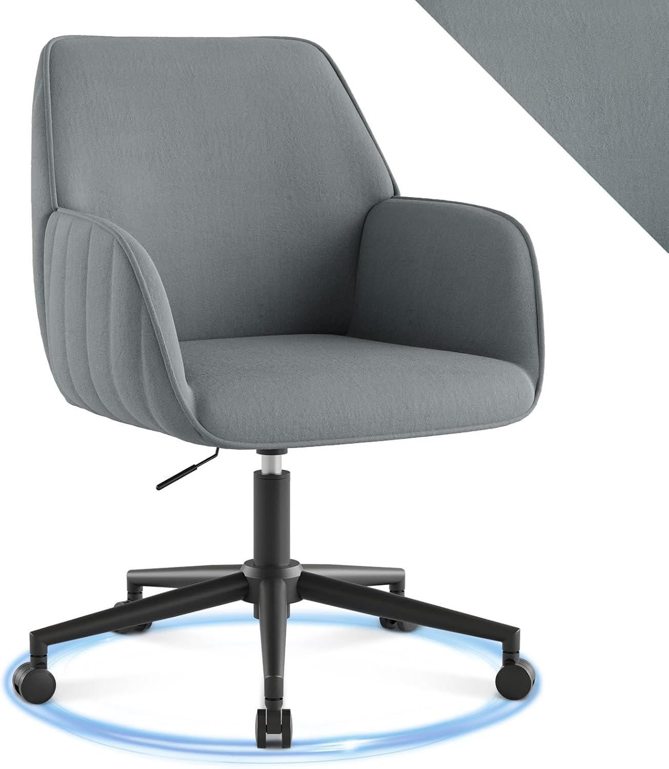 Schreibtischstuhl, Bürostuhl, Heimbüro, Drehstuhl, Samt-Make-up-Stuhl mit Armlehnen, Rollen, ergonomisch, bequem, Damen, Mädchen, Schminkstuhl, höhenverstellbar, Schlafzimmer, Heimbüro, Grau – Bild 7