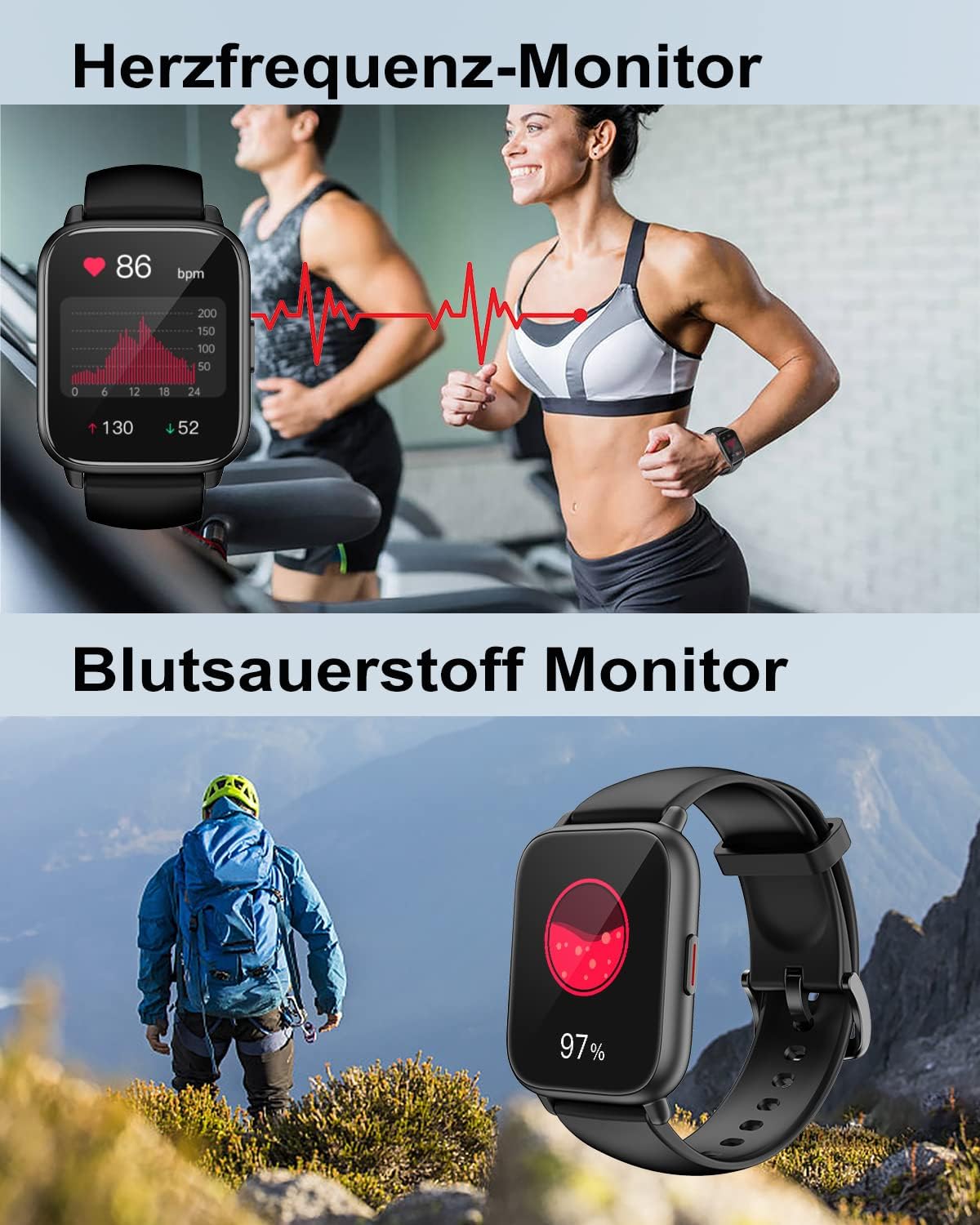RUIMEN Smartwatch mit Telefonfunktion, Smartwatch für Damen und Herren, 1,85 Zoll HD-Bildschirm, Fitnessuhr mit SpO2-Überwachung, Herzfrequenzmesser, Schlafmonitor, Schrittzähleruhr, 110+ Trainingsmodi für Android iOS (2 Bänder) – Bild 5