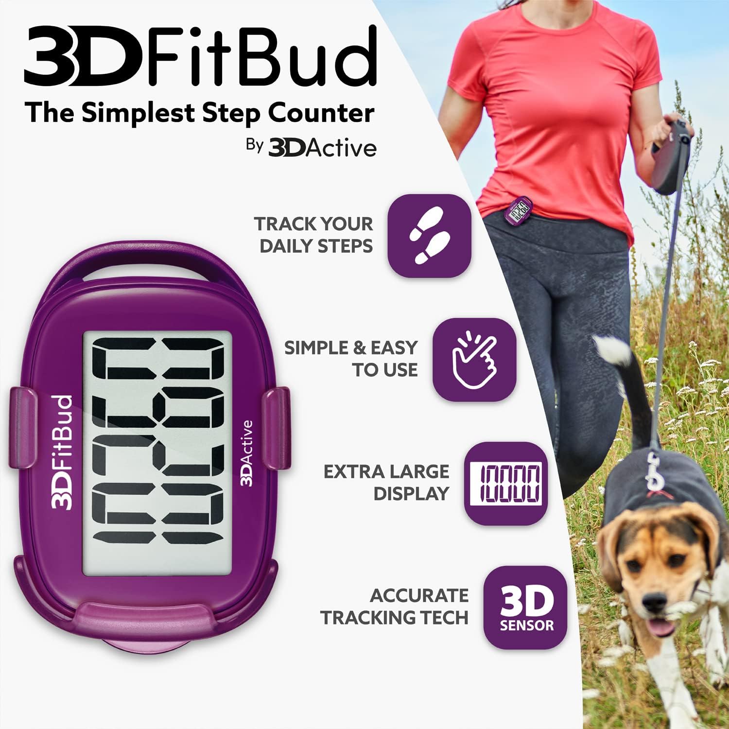 3DFitBud Easy Pedometer Walking 3D-Schrittzähler mit Clip und Trageband A420S – Bild 2