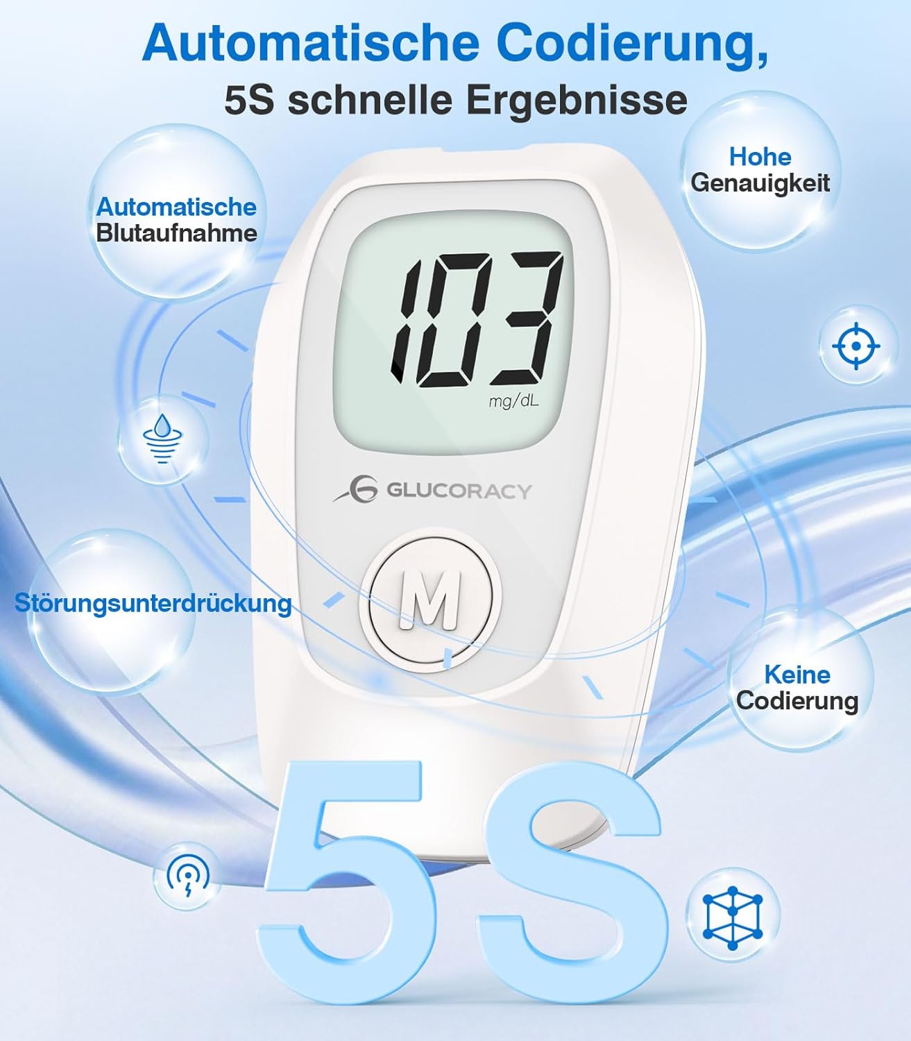 Glucoracy G-425 Blutzuckermessgerät-Kit, Blutzuckertest-Kit mit Stechhilfe, 100 Teststreifen und 100 Lanzetten, Glukosemessgerät für zu Hause, Diabetes-Selbsttest-Kit für den Heimgebrauch – Bild 4