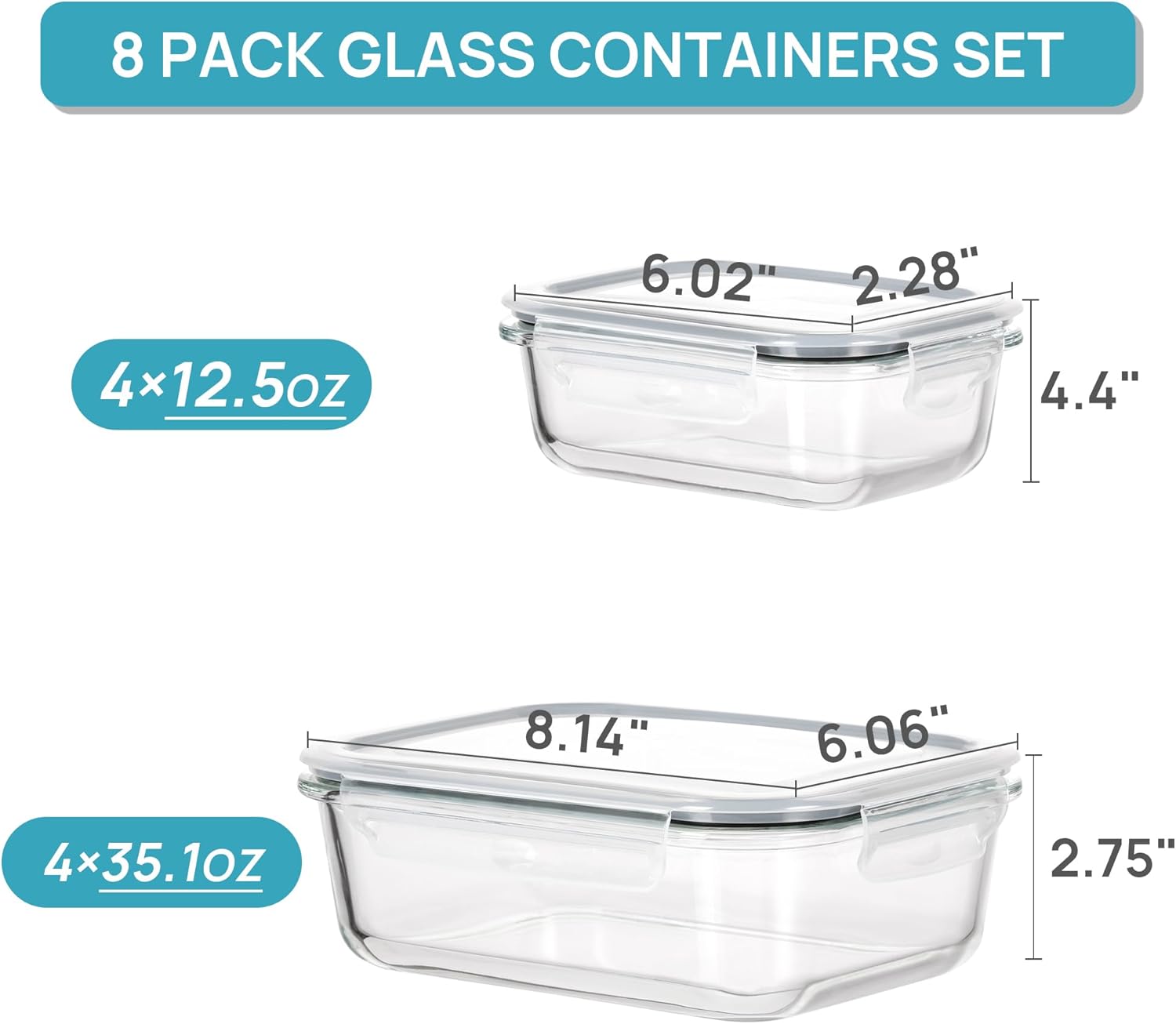 Vtopmart 8 Stück Meal Prep Boxen, Glas, Glasbehälter mit Deckel, (997 ml & 355 ml) Meal Prep Boxen, BPA-frei, stapelbar, hitzebeständig, für Gefrierschrank, Camping – Bild 2