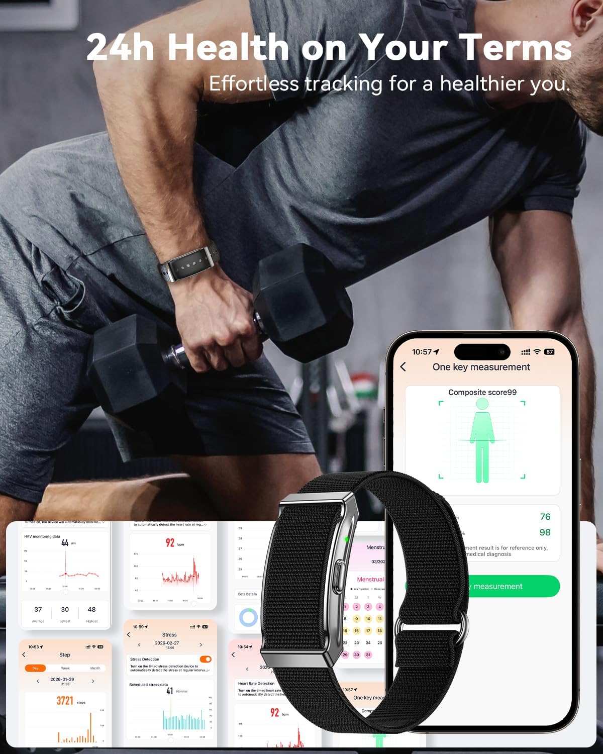 Fitness-Tracker ohne Display, Smartband, 24/7-Aktivitäts-Schlaf-Tracker mit Herzfrequenz, Menstruationszyklus, SpO2, Schrittzähler mit 35-Tage-Akku, 120+ Sportmodi, AI-Analyse, IP68 wasserdicht, Nr – Bild 2