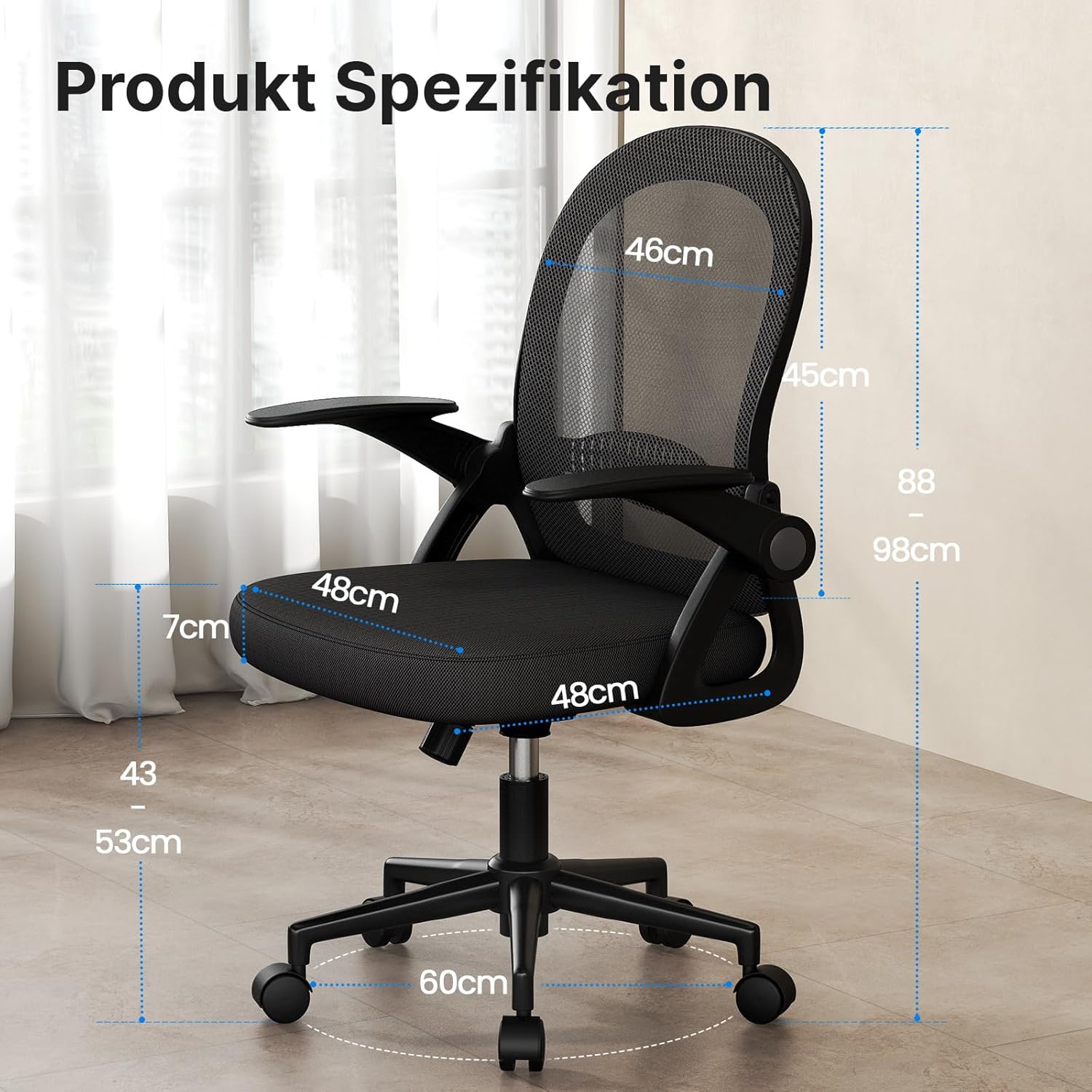 naspaluro Bürostuhl, ergonomischer Schreibtischstuhl mit atmungsaktiver Netzpolsterung, klappbare Armlehnen, höhenverstellbarer Computerstuhl, leichter Stuhl, 360°-Drehstuhl, schwarz – Bild 3