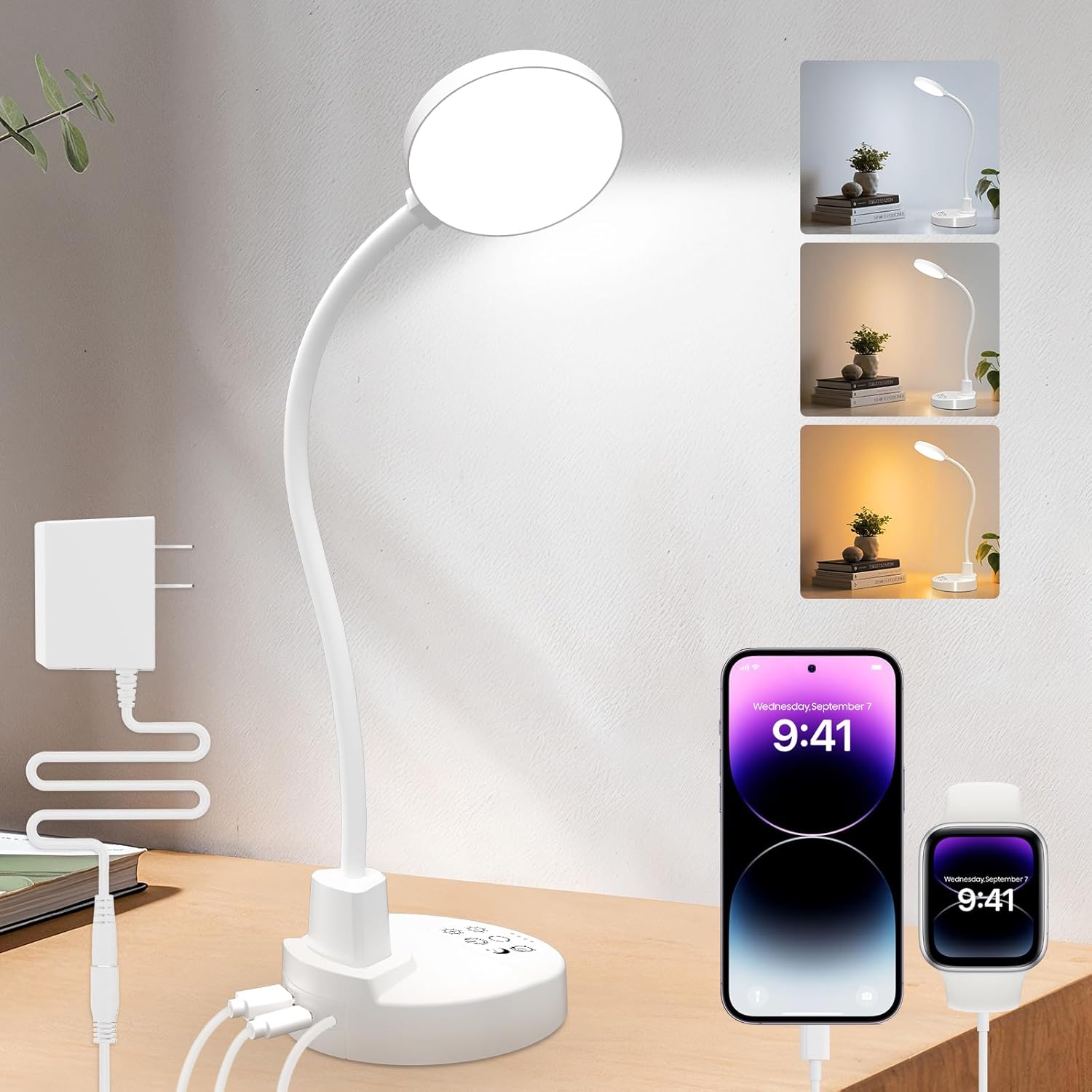 15 W LED-Schreibtischlampe mit USB-A & USB-C – Dimmbar, 3 Farbtemperaturen, 5 Helligkeitsstufen, 4 Timer, flexibler 360°-Schwanenhals, augenfreundlich, Tischlampe für Büro & Schlafzimmer – Weiß