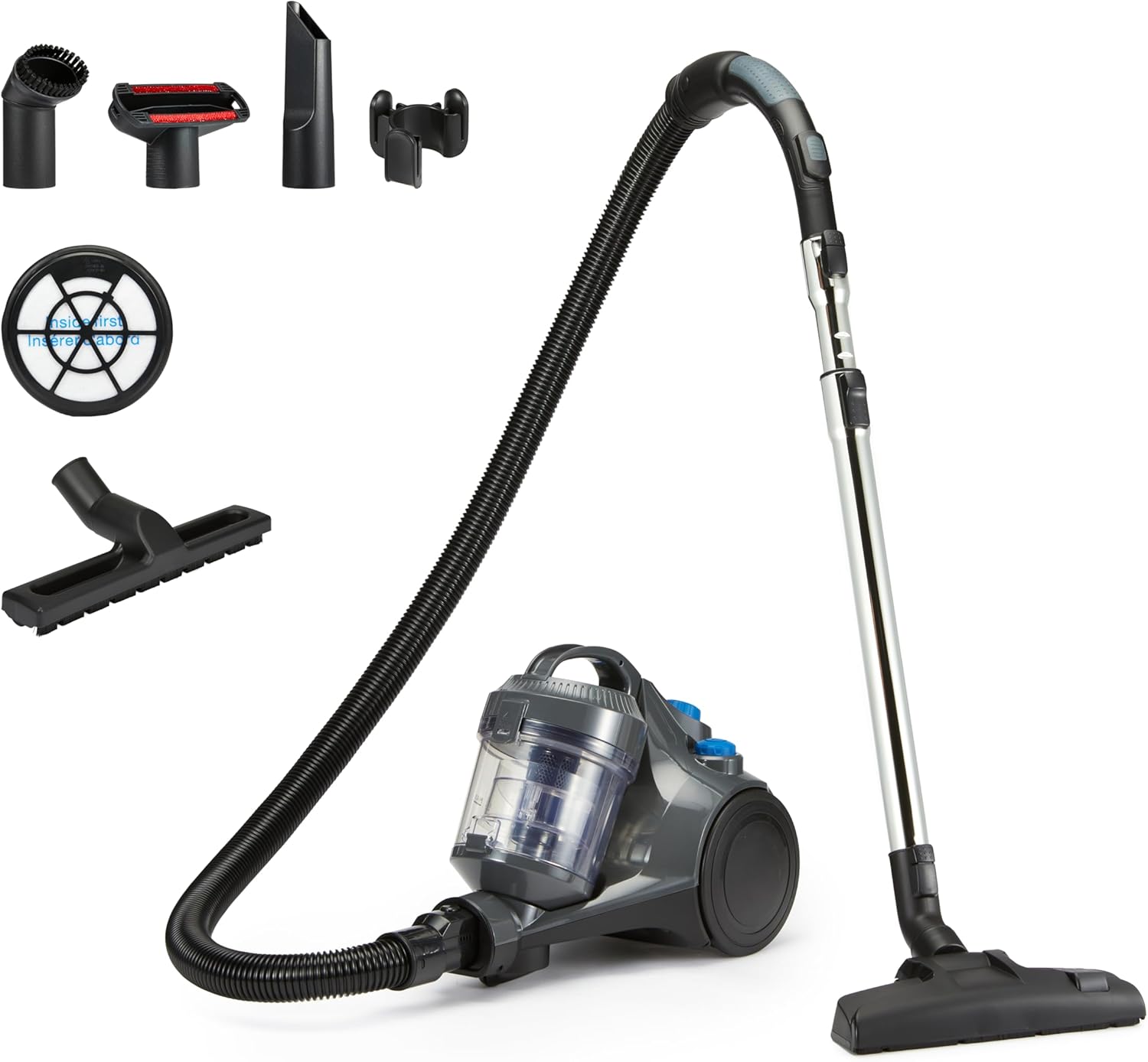 Amazon Basics Staubsauger ohne Beutel, 1,3 l, kompakt, leicht, mit Dreifach-Aktionsdüse, HEPA-Filter, 850 W, für Teppiche und Hartböden, Grau