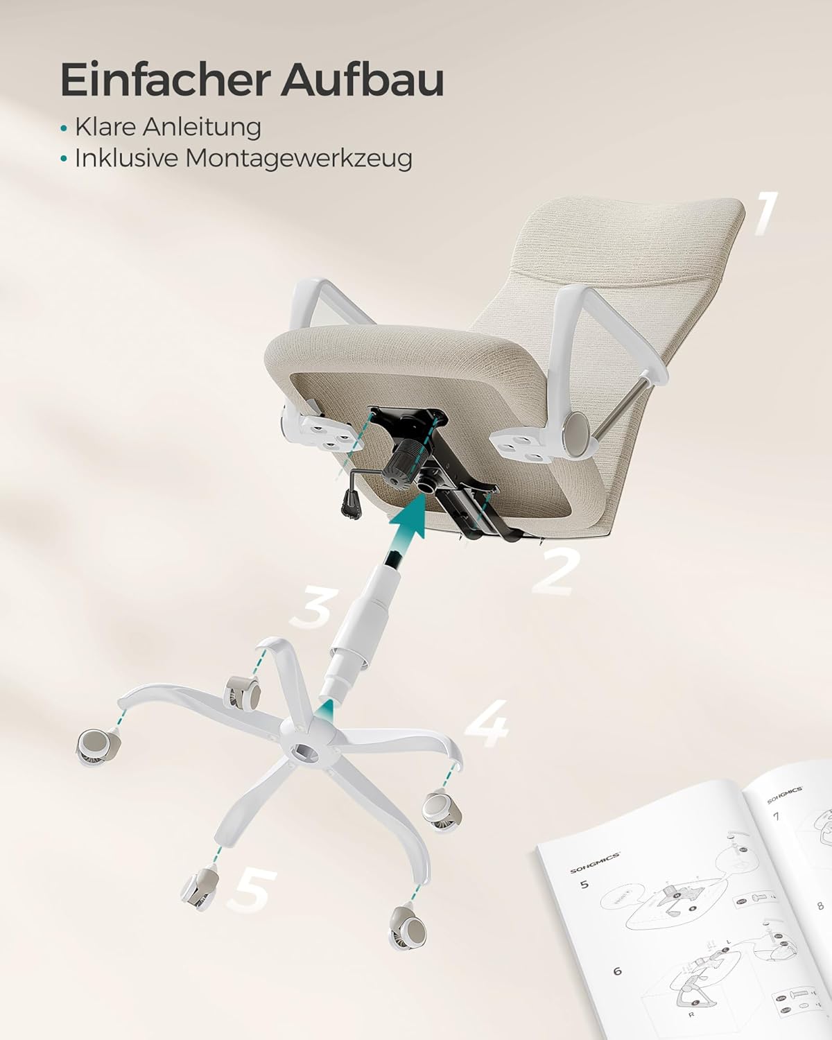 SONGMICS OBN034K01 Bürostuhl, ergonomischer Schreibtischstuhl, Drehstuhl, gepolsterte Sitzfläche, höhenverstellbar und neigbar, maximale Belastung 120 kg, Cappuccino-Beige – Bild 8