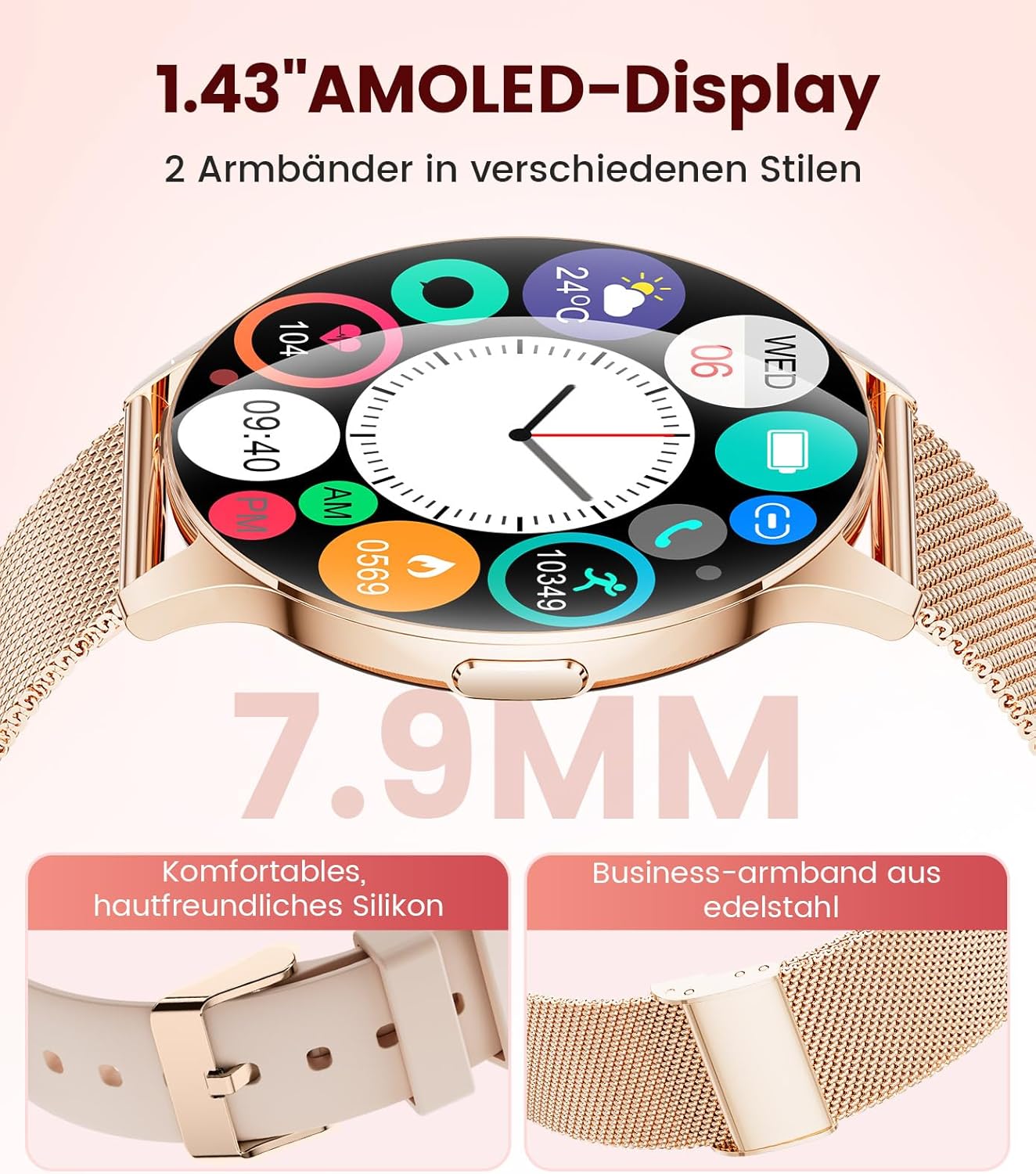 Damen-Smartwatch mit Anrufen – 7,99 mm ultradünne elegante Fitnessuhr mit 1,43 Zoll HD Always-On-Display, IP68 wasserdicht, 100+ Sportmodi, Damengesundheit für iOS Android, Roségold – Bild 2