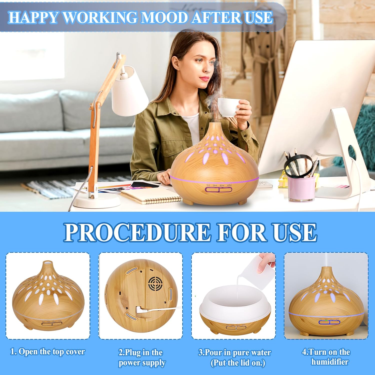 Aromadiffusor, 500 ml Duftöl-Diffusor, Diffusor für ätherische Öle, Ultraschall-Luftbefeuchter, Aromatherapie-Öle-Diffusor mit Fernbedienung und 7 LED-Farben, für Zuhause, Schlafzimmer, Zimmer, Büro – Bild 5