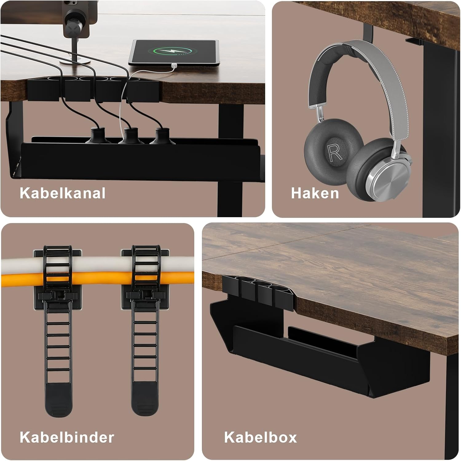 JUMMICO Eckschreibtisch, höhenverstellbar mit 3 Ablagehöhen, 160 x 140 cm, L-förmiger höhenverstellbarer Schreibtisch mit Kabelkanal und 2 Haken, ergonomischer Computertisch für das Home Office, braun – Bild 8