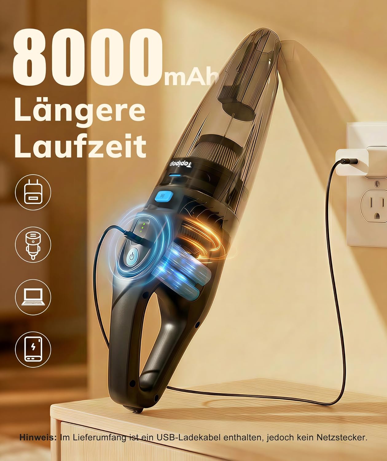 Topipop Handstaubsauger Akku mit 25000 Pa starker Saugleistung, kabelloser Staubsauger mit HEPA-Filter & Aufsätzen – leichter Autostaubsauger für Tierhaare, Teppich, Zuhause, Büro, Küche (schwarz) – Bild 4