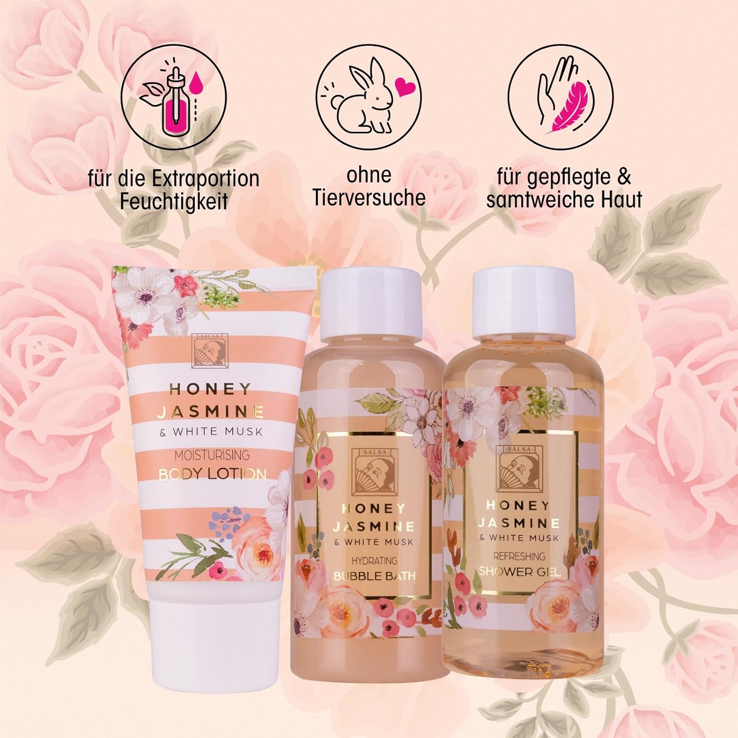 Accentra Damen-Duschset Honey Jasmine in schöner Geschenkbox – 3-teiliges Pflegeset mit Duschgel, Bodylotion und Schaumbad – Wellness-Geschenkset für Geburtstag und Valentinstag – Bild 3