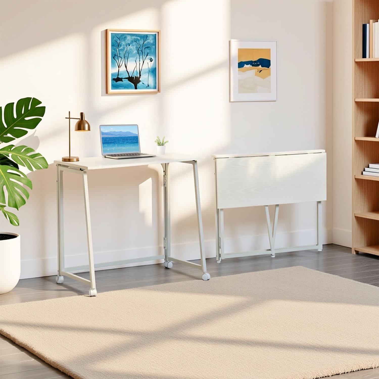 MEUBLE Gemütlicher Klapptisch mit Rollen, kleiner klappbarer Schreibtisch, Laptoptisch aus Holz und Metall, Computertisch für Büro, Wohnzimmer, Heimbüro, skandinavischer Stil, Weiß – Bild 2