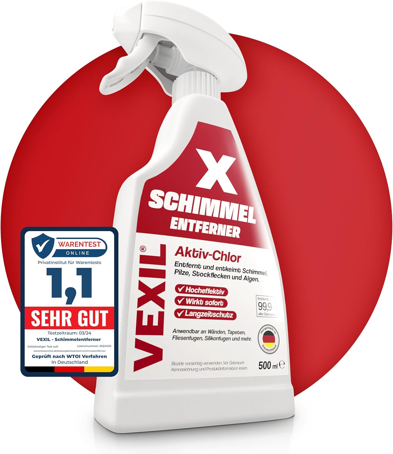 VEXIL Profi-Schimmelentferner für Wand, Bad, Fliesen, Fugen & mehr – mit Aktivchlor und Haftwirkung – Extra starkes Schimmelspray – auch als Fugenreiniger geeignet – 500 ml – Hergestellt in Deutschland